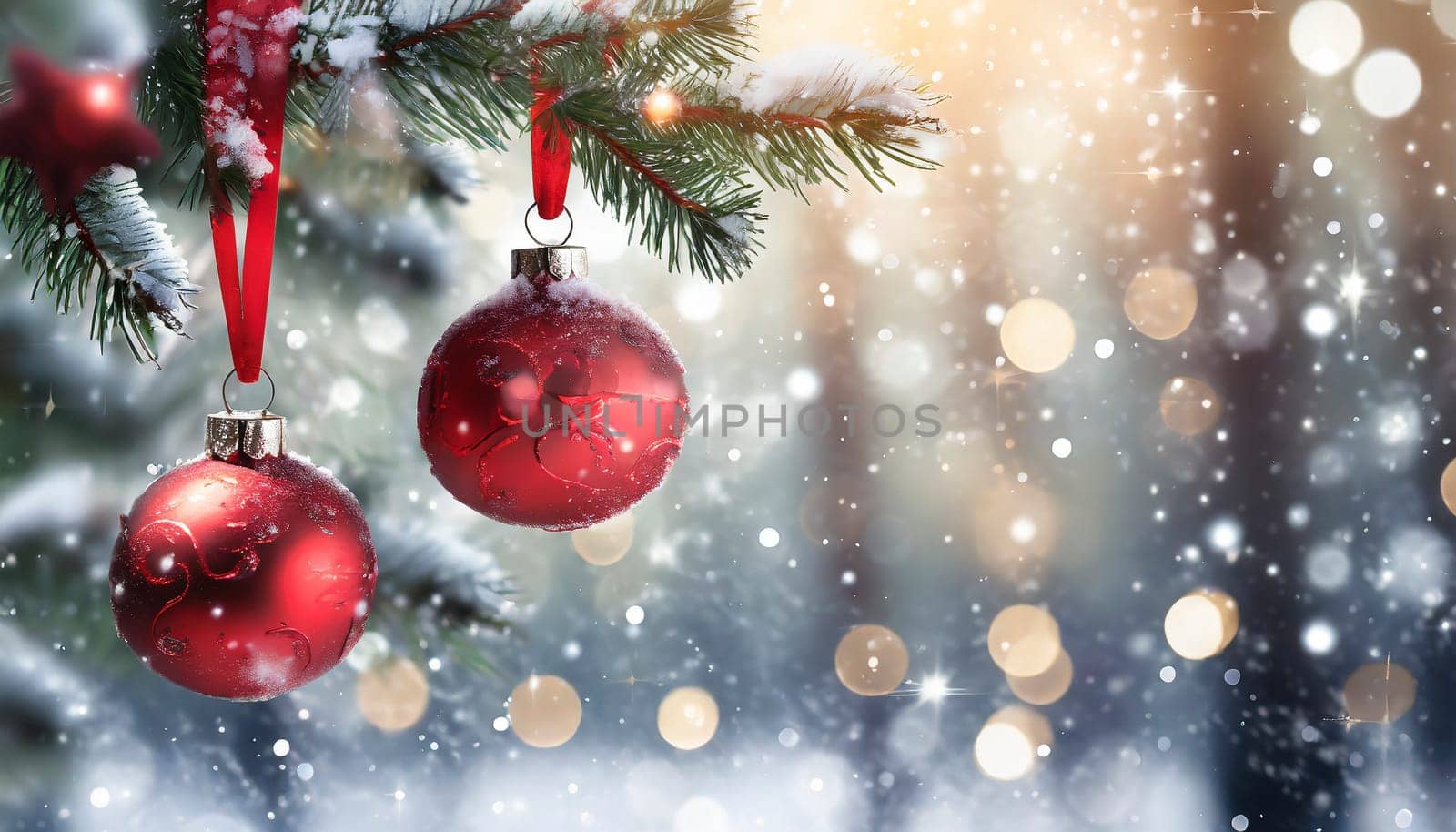 christmas background with balls and ribbon on golden bokeh lights, AI generated