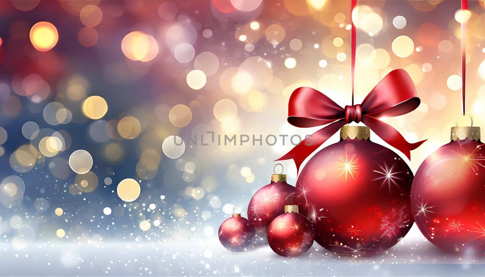 christmas background with balls and ribbon on golden bokeh lights, AI generated