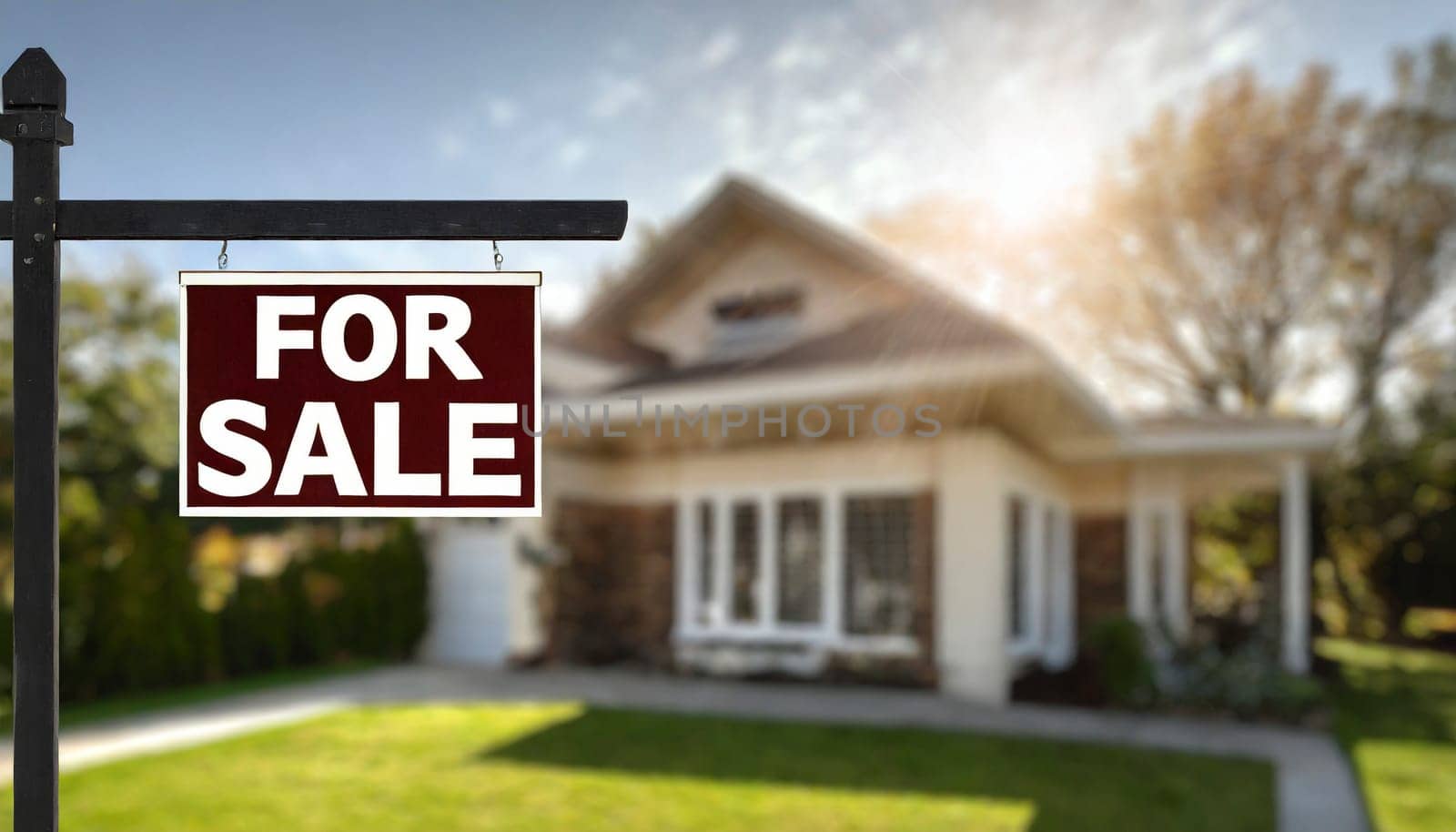 For sale sight with blurred house in background, real estate sign, AI generated