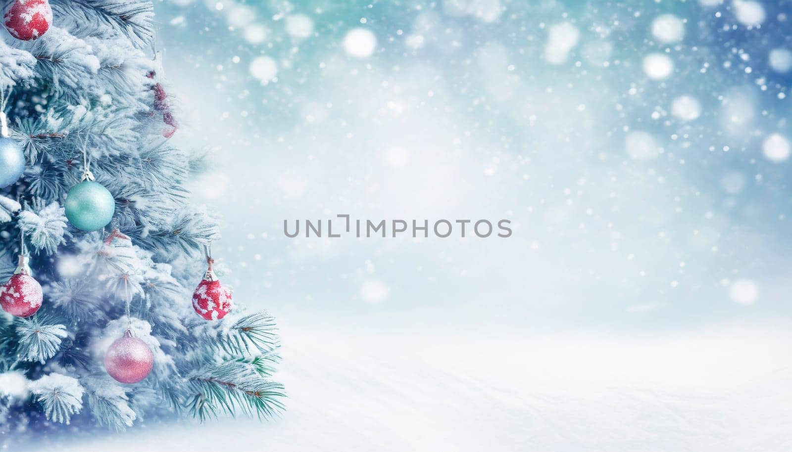 Christmas tree outside forest with falling snow, copy space, holiday background, AI generated