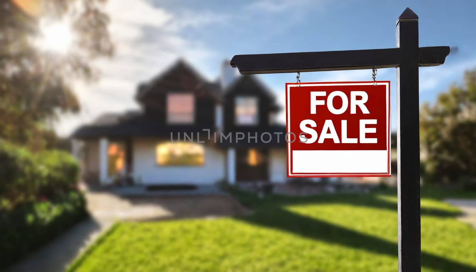 For sale sight with blurred house in background, real estate sign, AI generated