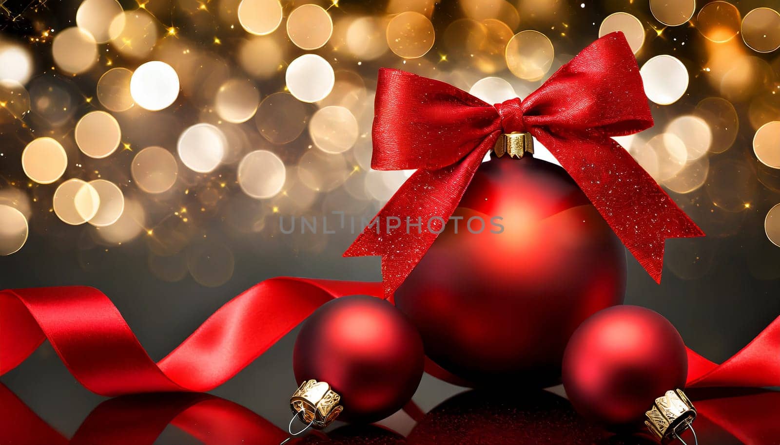 christmas background with balls and ribbon on golden bokeh lights, AI generated