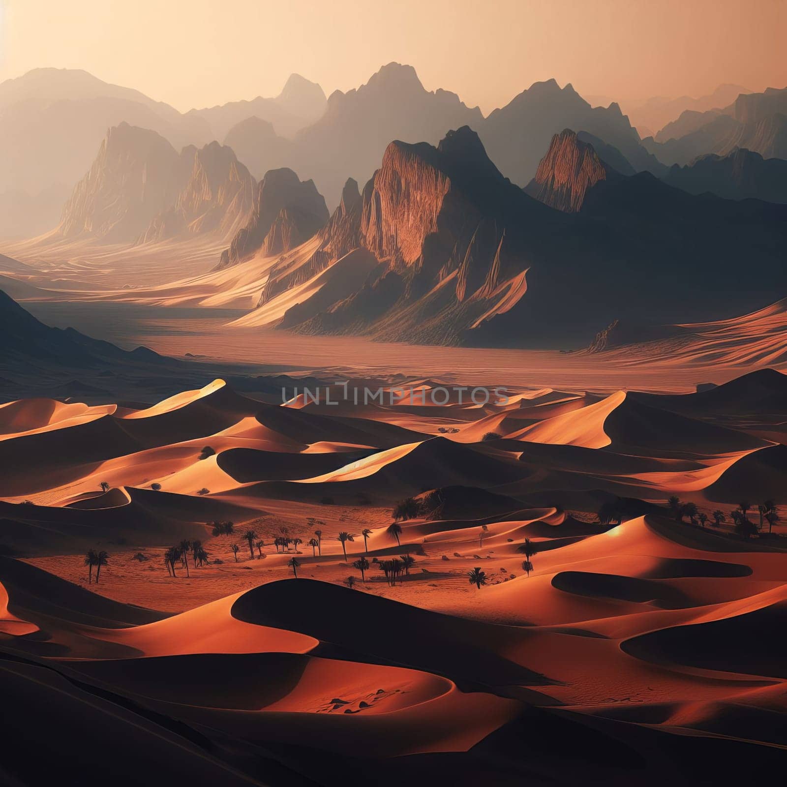 Desert landscape with sand dunes and mountains, bathed in the warm glow of sunrise or sunset