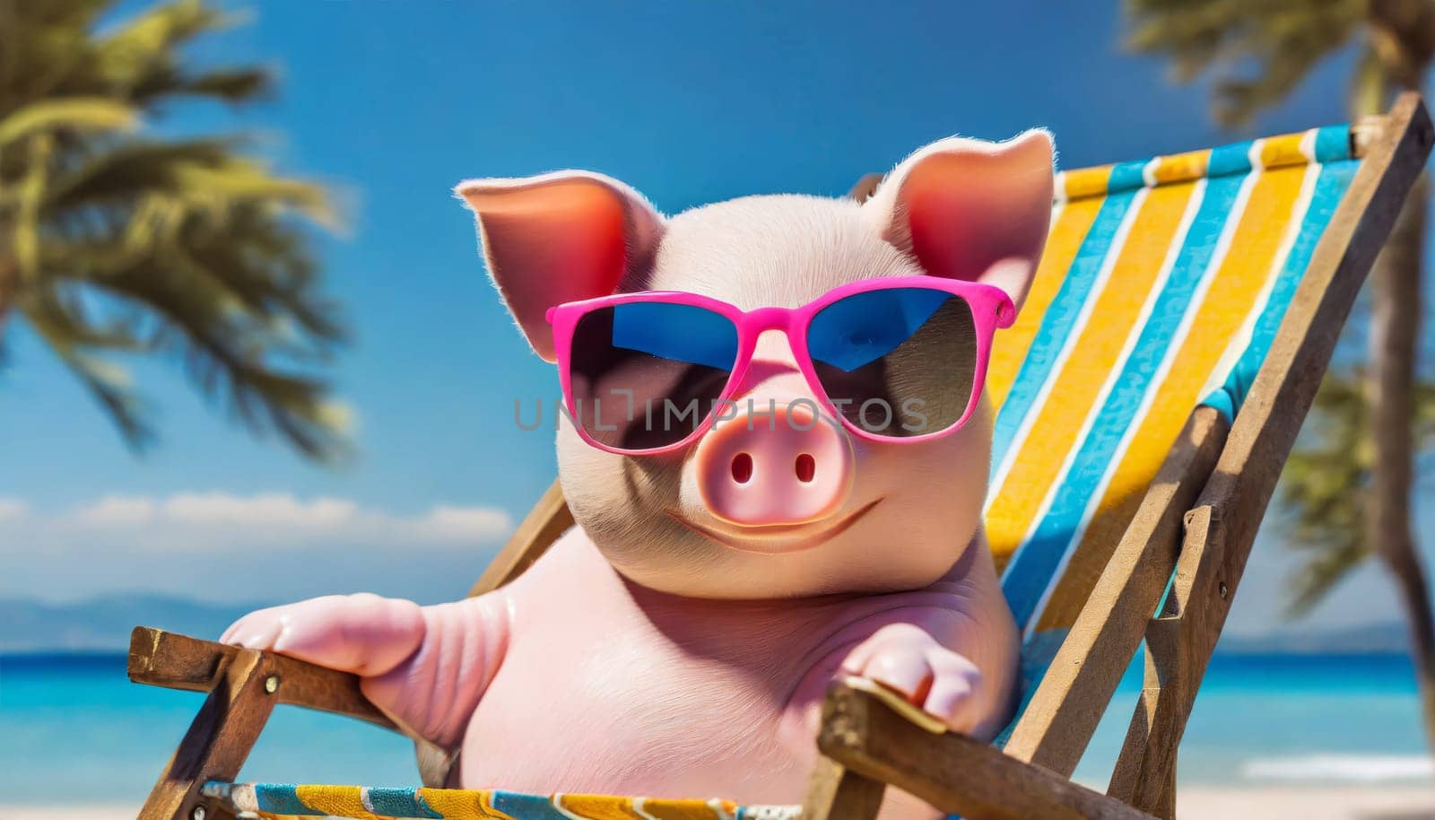 Happy piggy bank on vacation for good financing, travel cancellation insurance and much more.