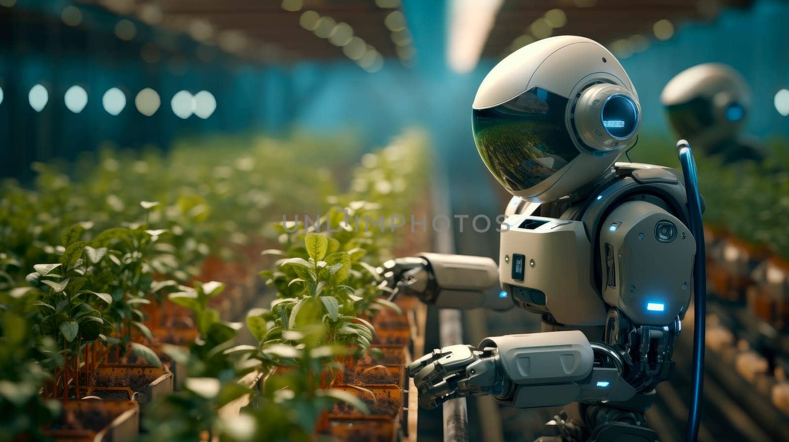 Robots working on organic products industrial plantation growing plants. Smart farming agribusiness. AI generated