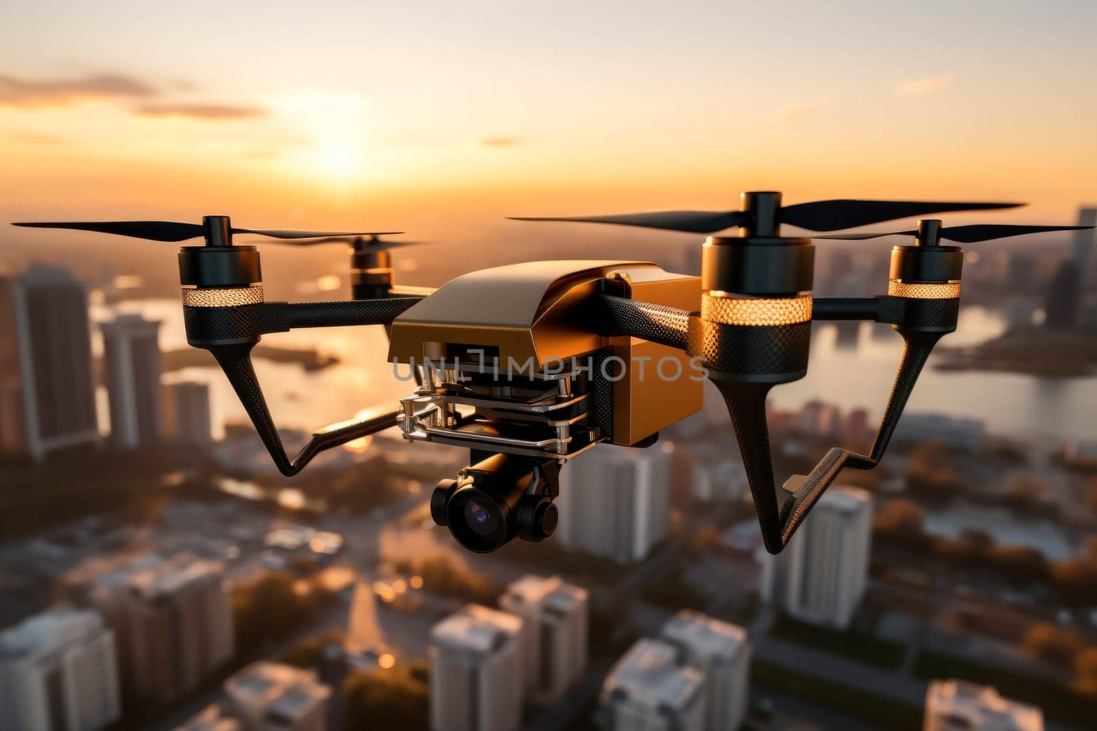 Drone quad copter with high resolution digital camera flying aerial over cityscape. AI generated