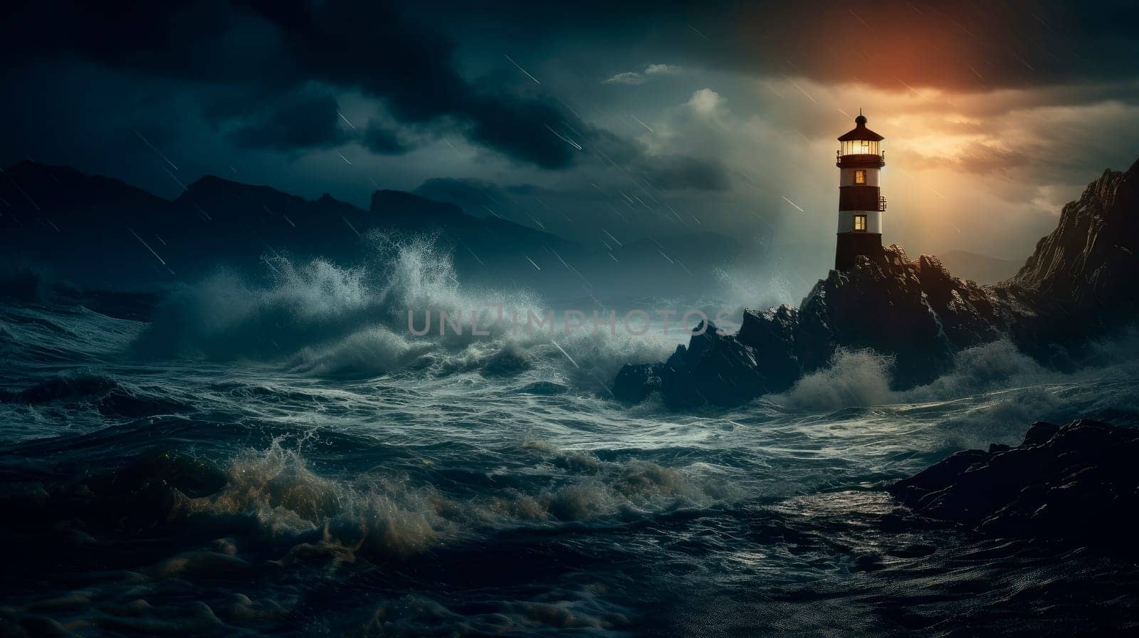 Lighthouse In Stormy Landscape. Big waves and storm around the light house, dark clouds, lighthouse sunken by ocean and sea. AI generated