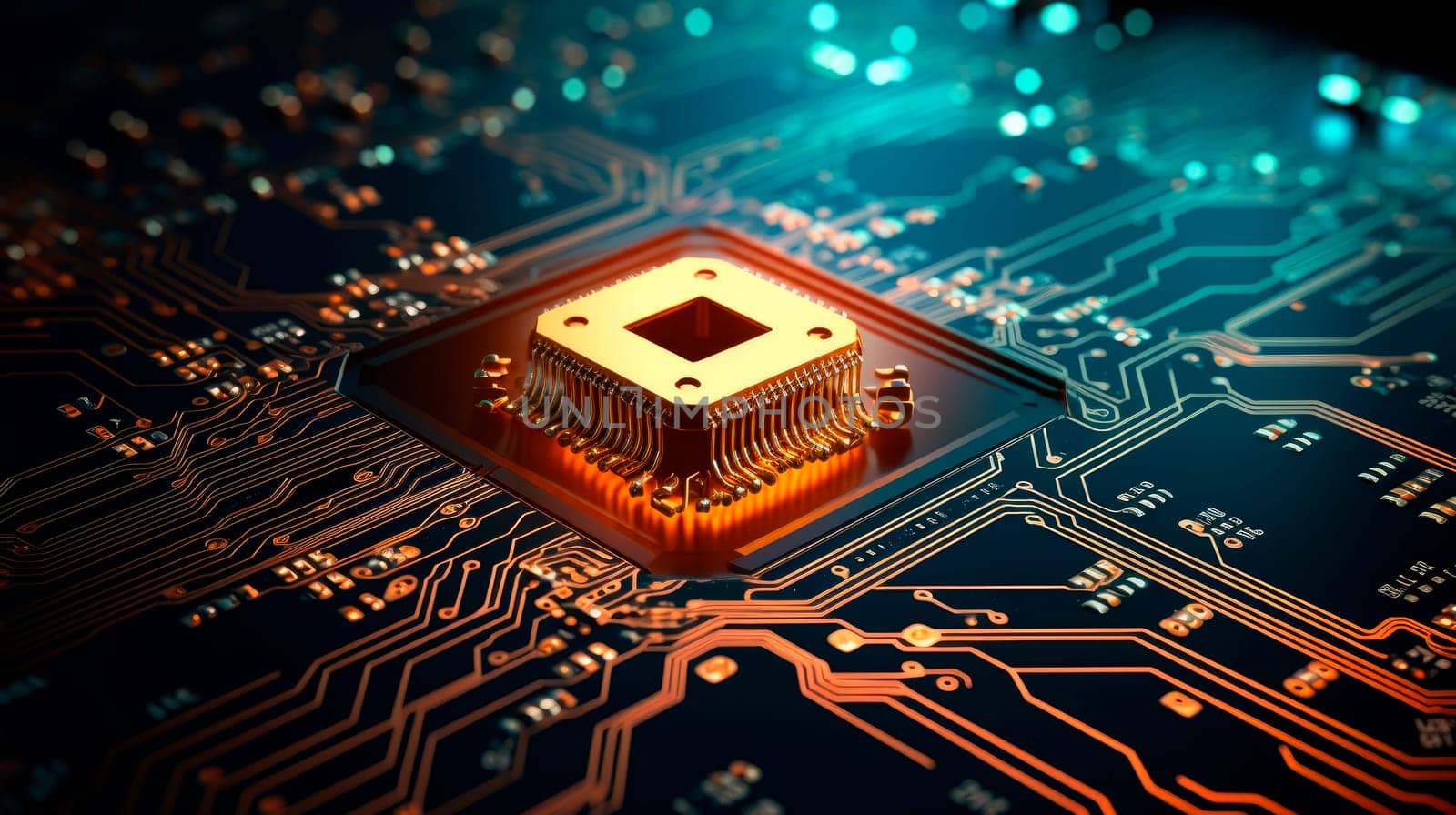 Advanced technology concept visualization: computer motherboard  with a golden microchip. AI generated