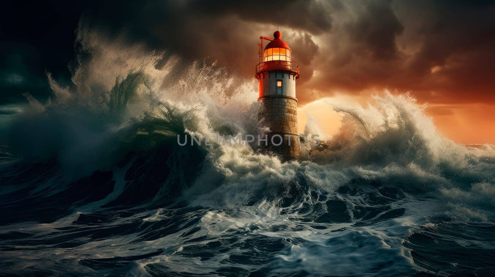 Lighthouse in the middle of the ocean. Big waves and storm around the light house, dark clouds, lighthouse sunken by ocean and sea. AI generated