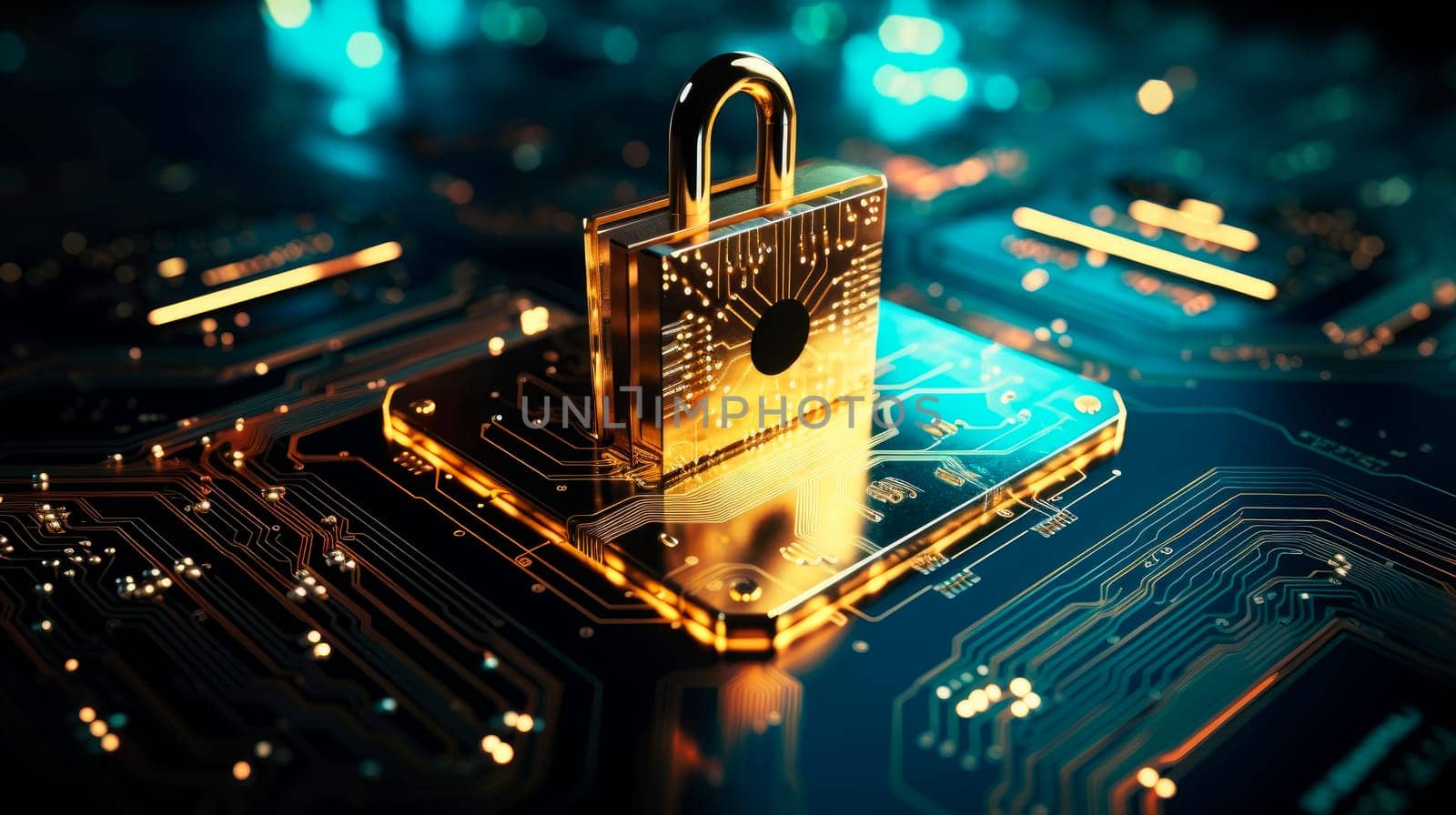 Firewall lock on mainboard.Computer security concept. Padlock on computer circuit board . AI generated