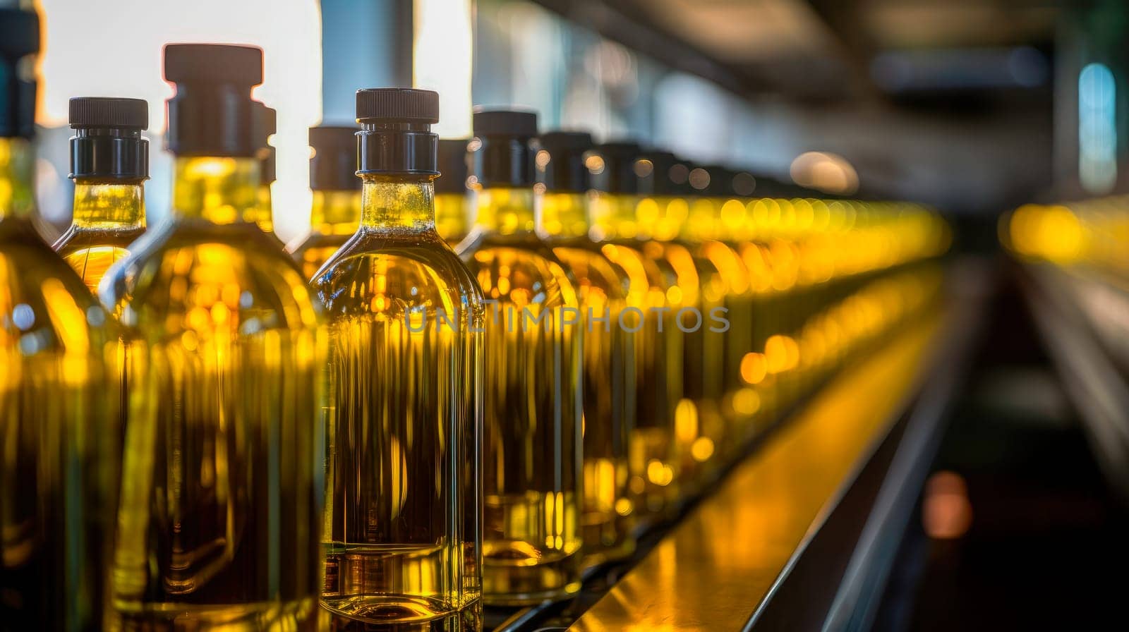 Vegetable Oil Bottles Transfer On Conveyor Belt System. AI generated