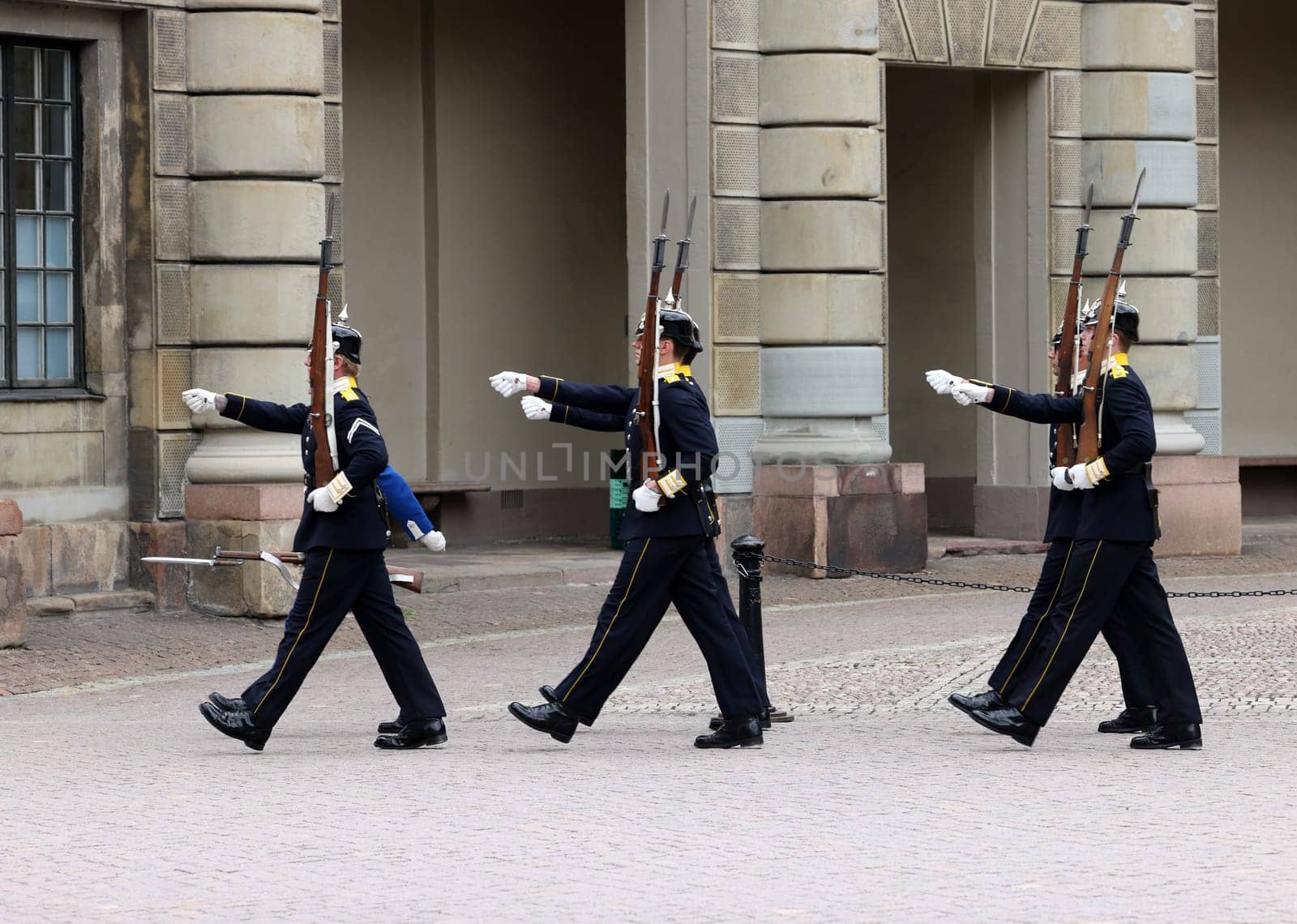 Stockholm, Sweden - June 26, 2023: Changing of the Guard ceremony at the Royal Palace in Stockholm, Sweden