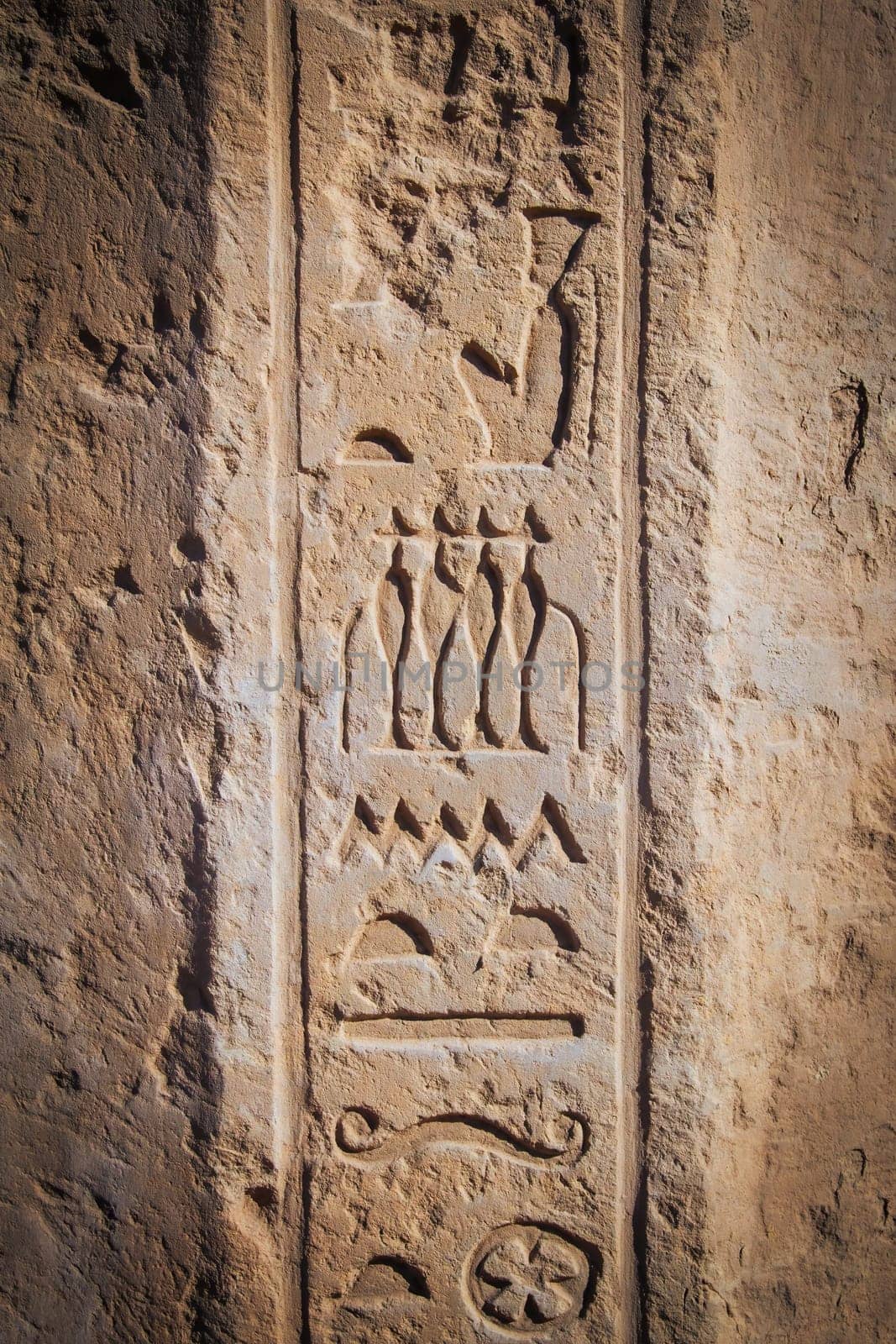 Egyptian hieroglyphs on an ancient wall.  Egypt. Edited as a vintage photo. Vertically.