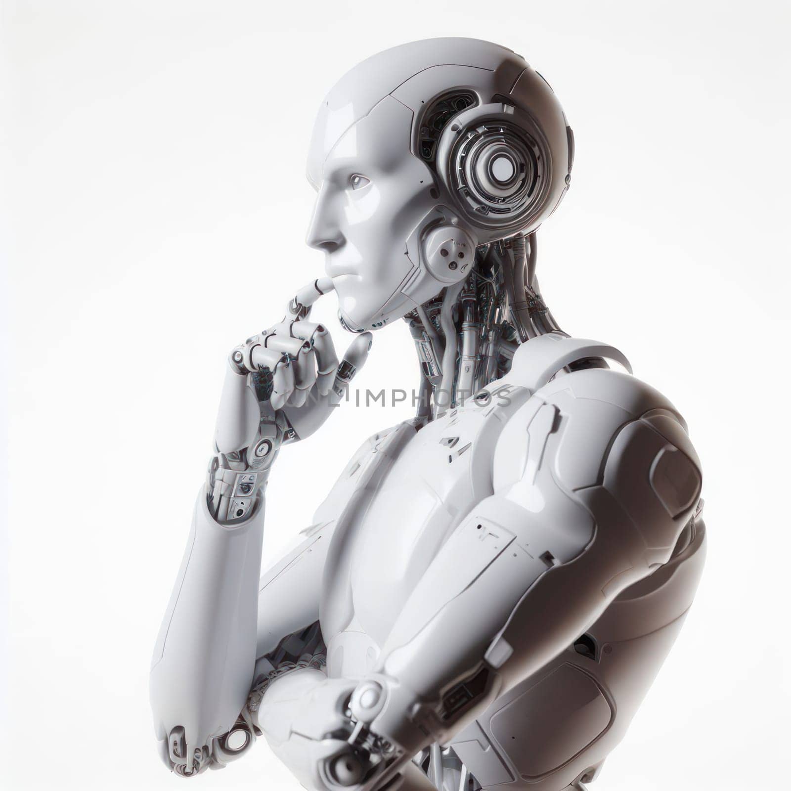 futuristic humanoid artificial intelligence robot stops and is thinking on white generative ai