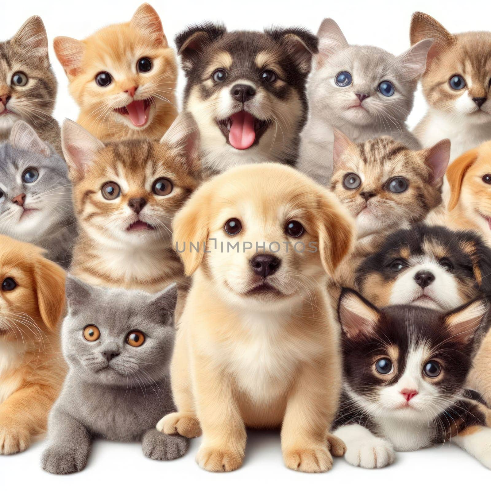 cute and adorable puppies and kittens together on white background generative ai