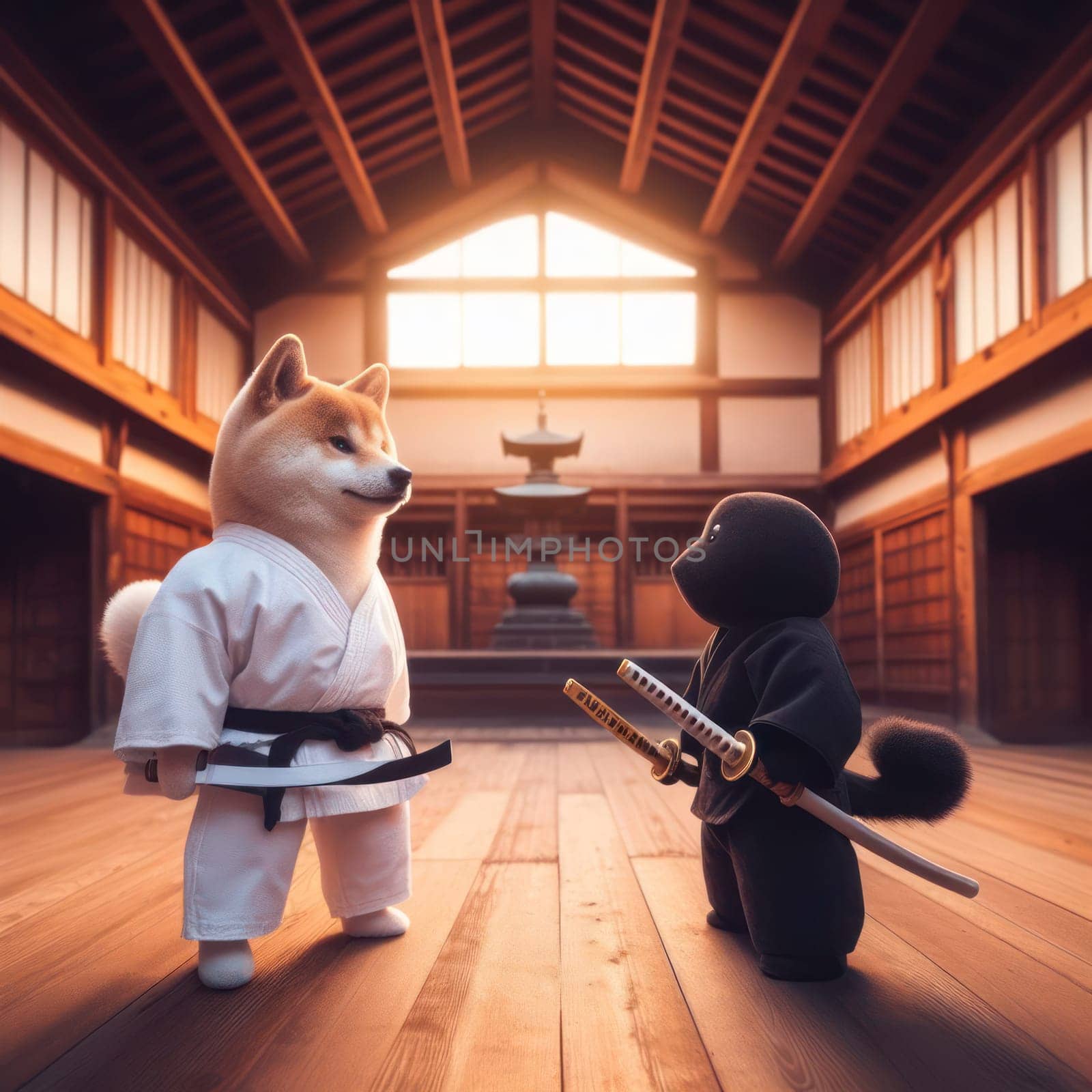 shiba inu way of the dog master must face a black clad ninja with two katanas generative ai
