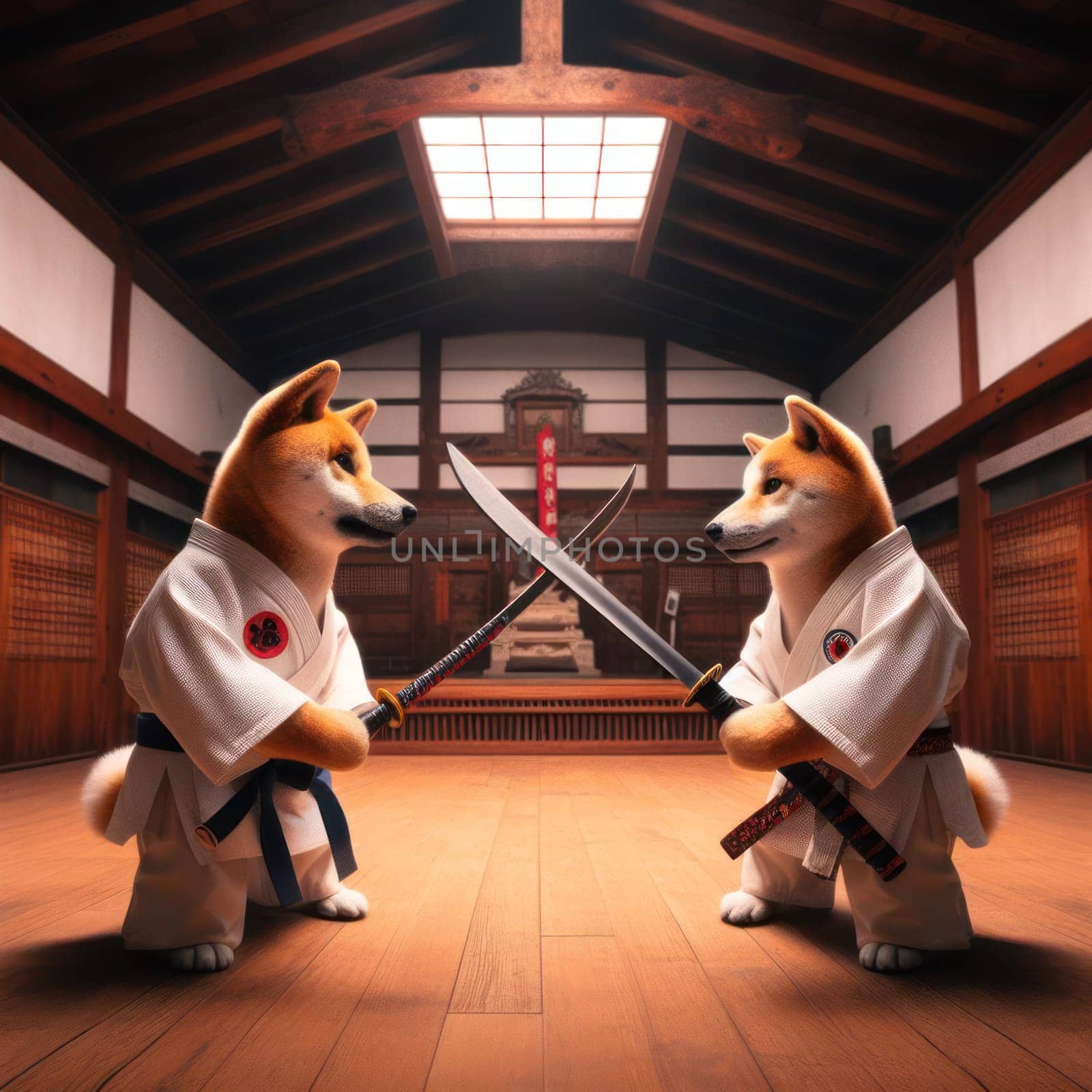 shiba inu dogs disciples sparring with katanas as part of the way of the dog martial arts generative ai