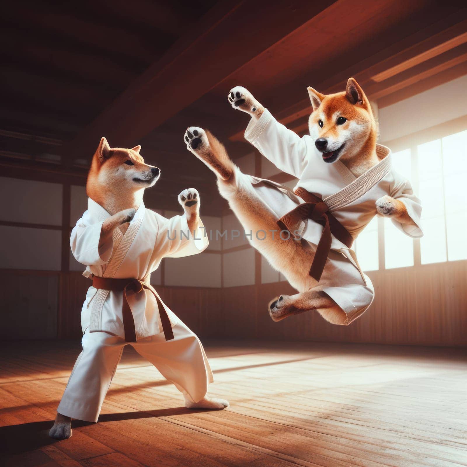 shiba inu dogs doing flying kung fu kicks as part of the way of the dog generative ai