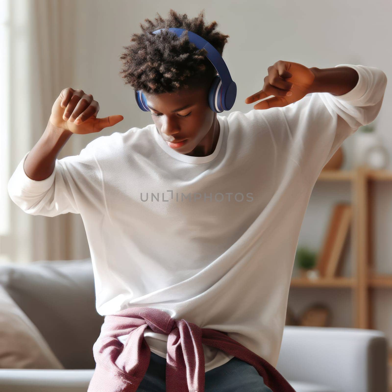 teenager dancing and listening to music with headphones at home  generative ai