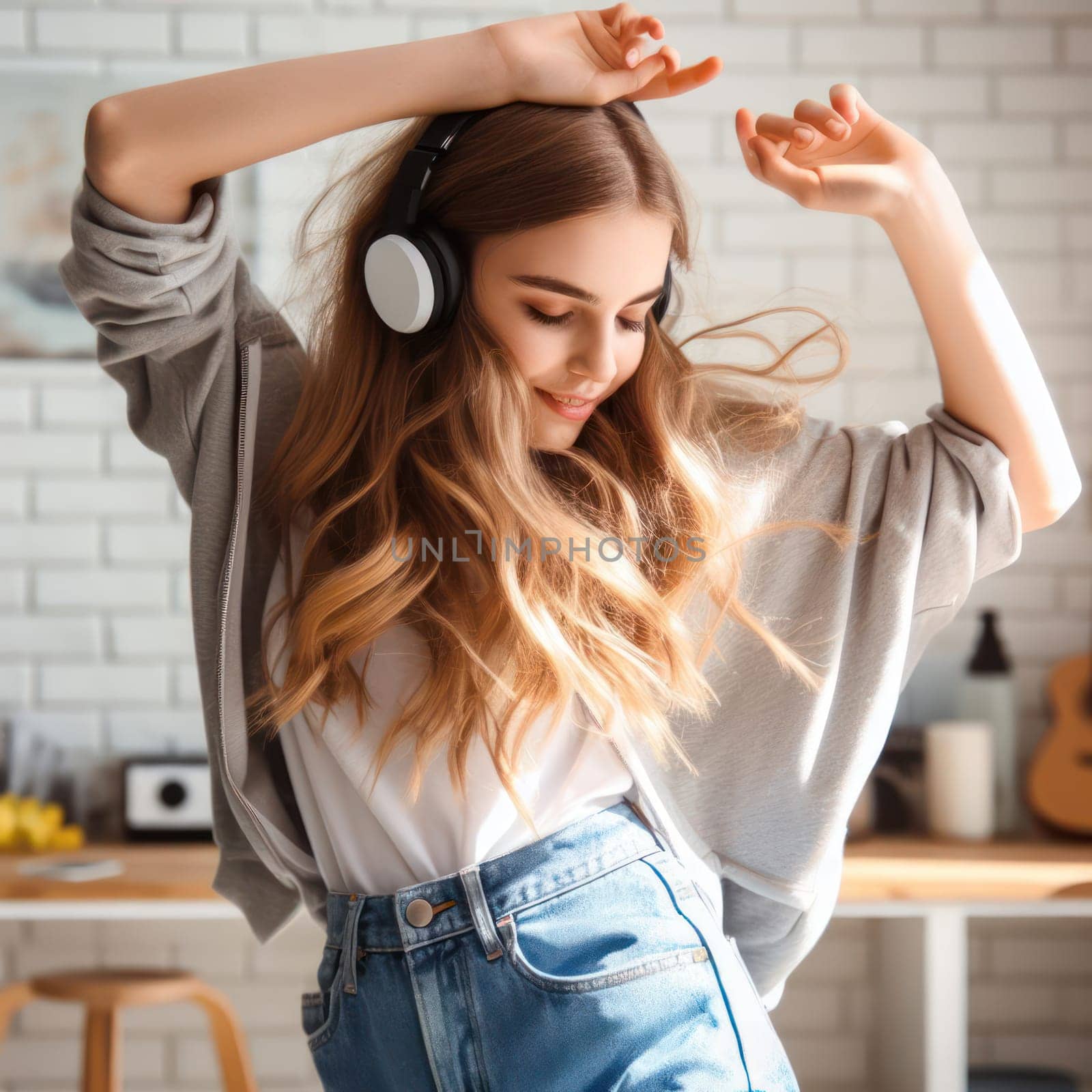 teenage girl listening and dancing to music with headphones at home  generative ai