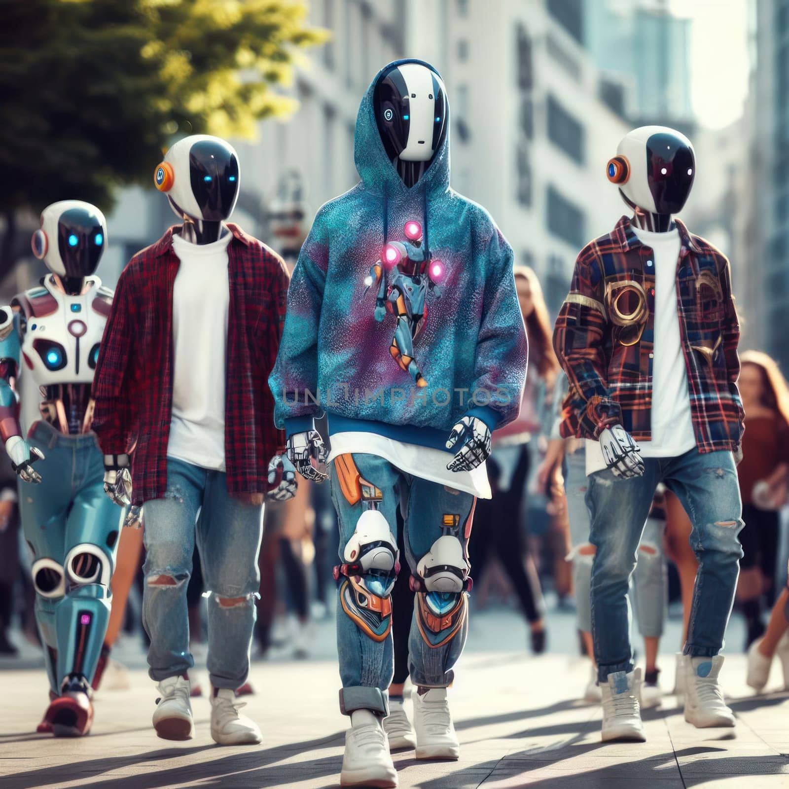 gang of futuristic teenage humanoid robots in street wear on an urban street generative ai