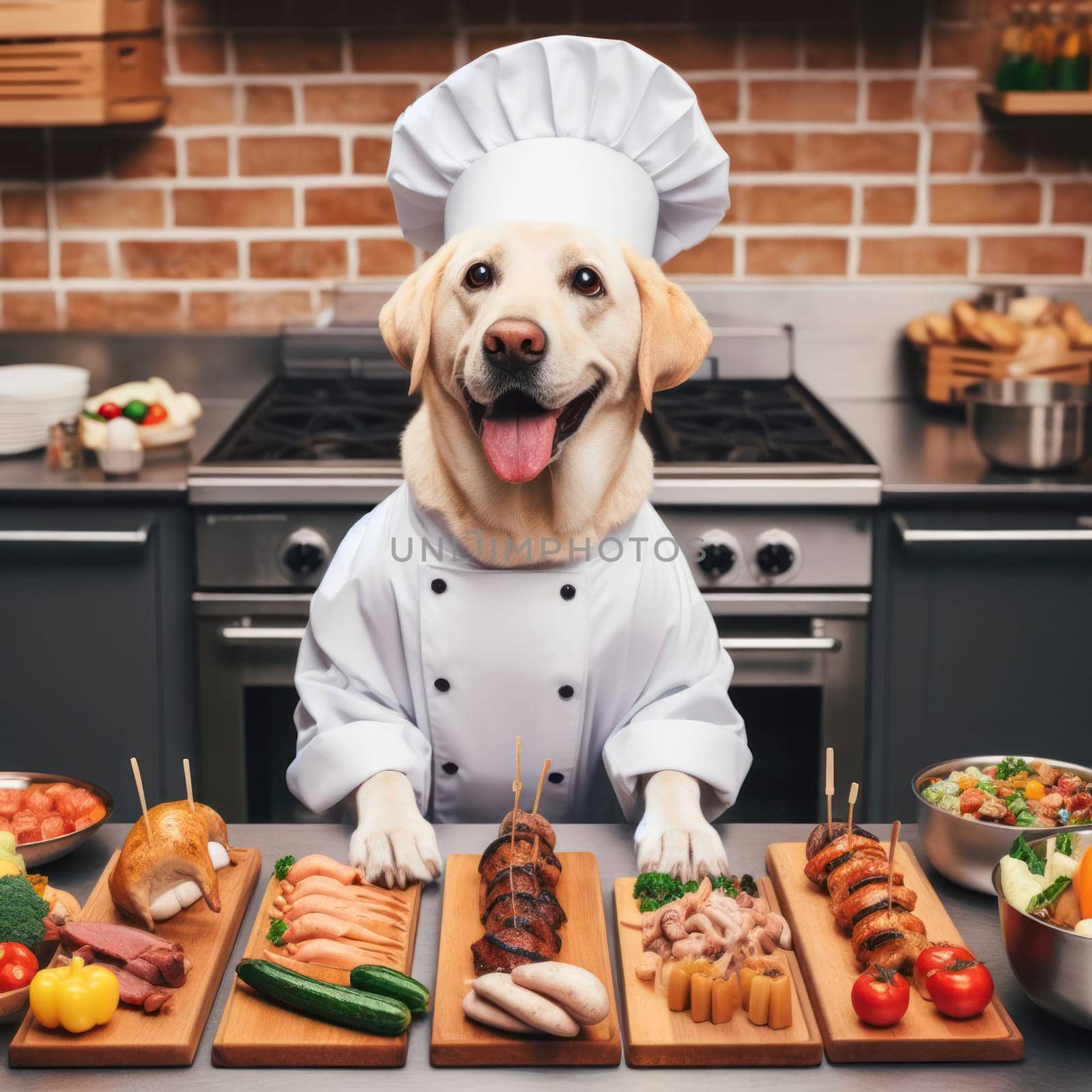 the cook in this restaurant kitchen is dog wearing chefs hat and jacket generative ai