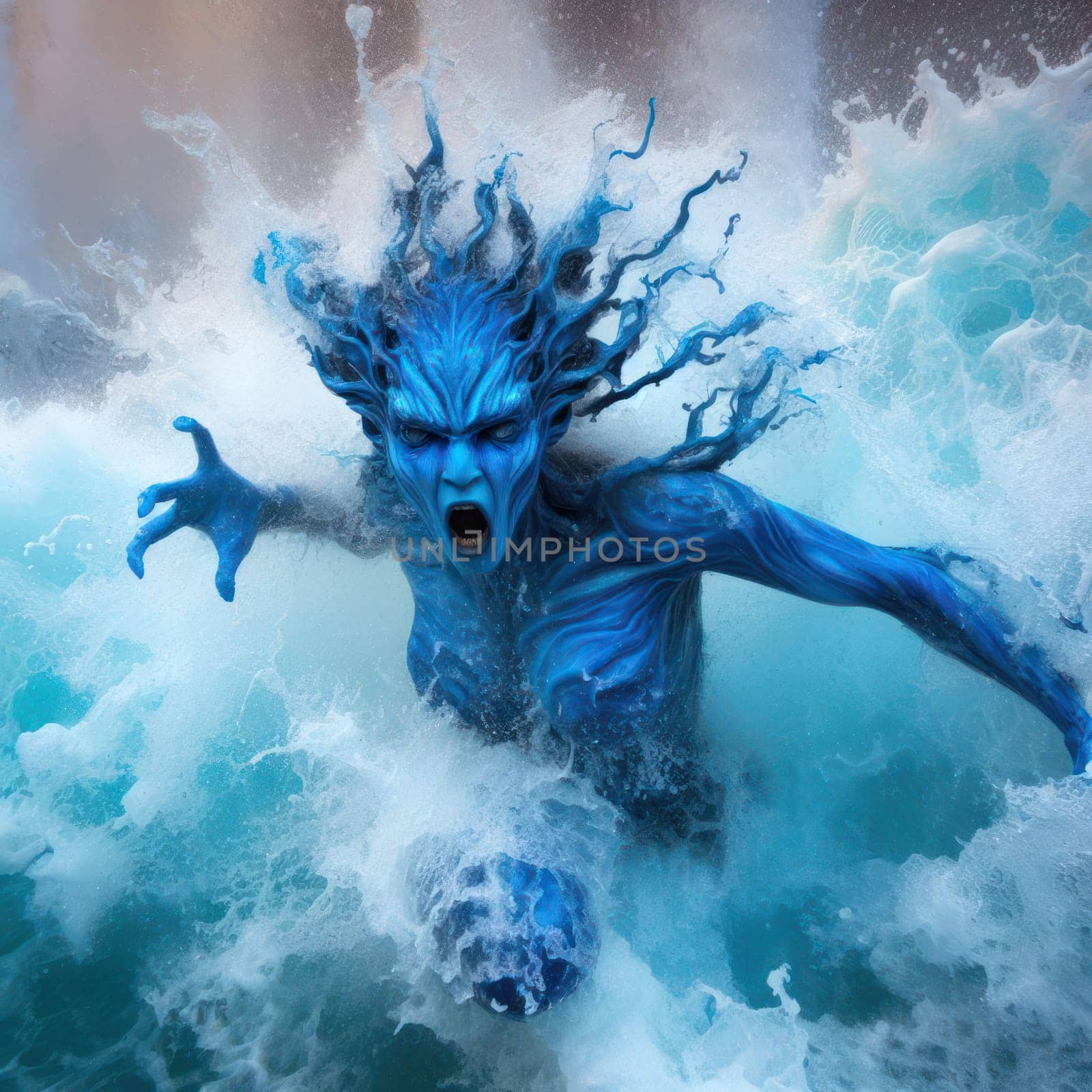 enraged female fantasy water elemental demon or sea goddess emerges from the ocean generative ai