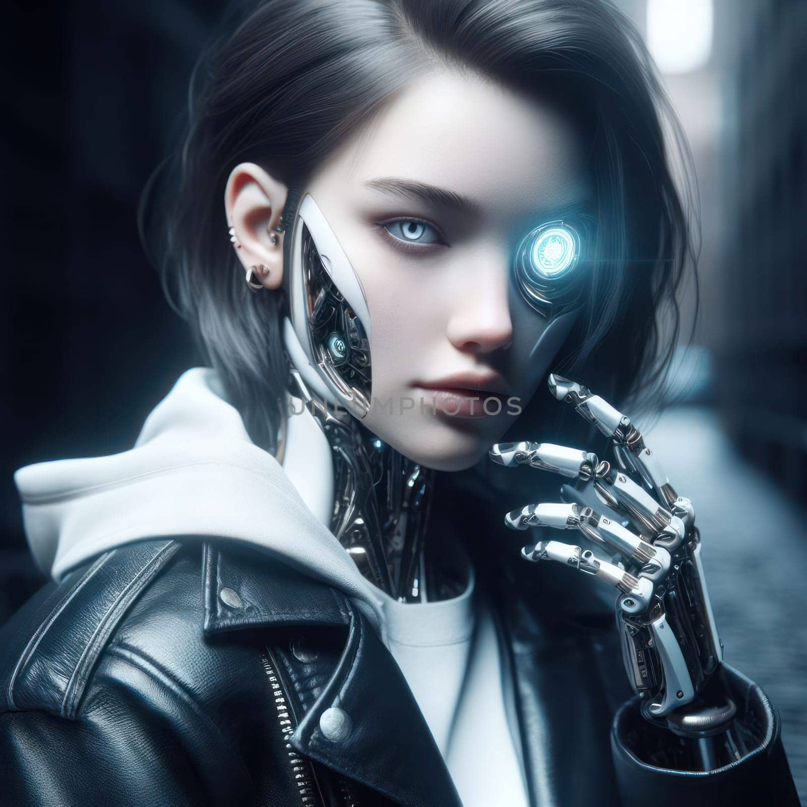 advertising or fashion style shoot of a person with futuristic robotic cybernetic enhancements generative ai