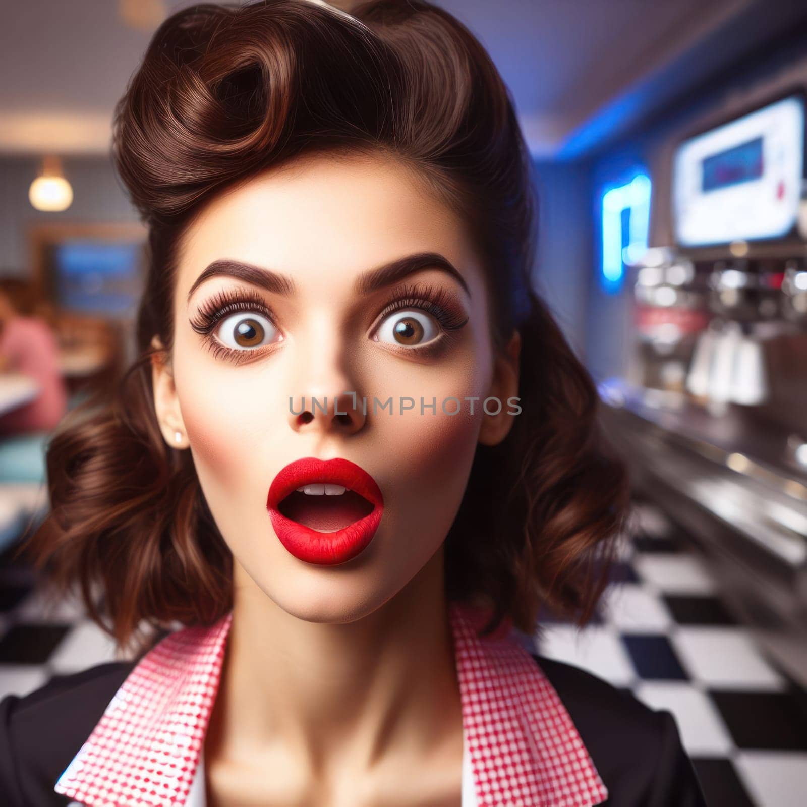 beautiful waitress in diner is surprised generative ai