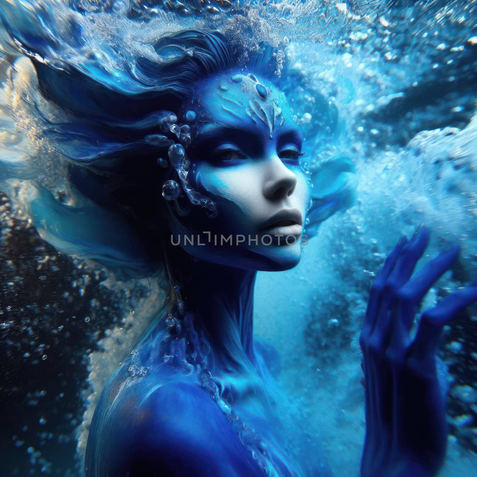 beautiful female fantasy water elemental demon or sea goddess underwater generative ai