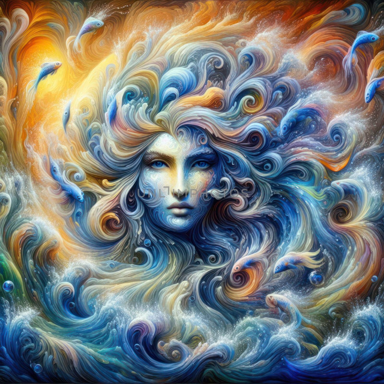painting illustration of a beautiful female fantasy water elemental or goddess with fish generative ai