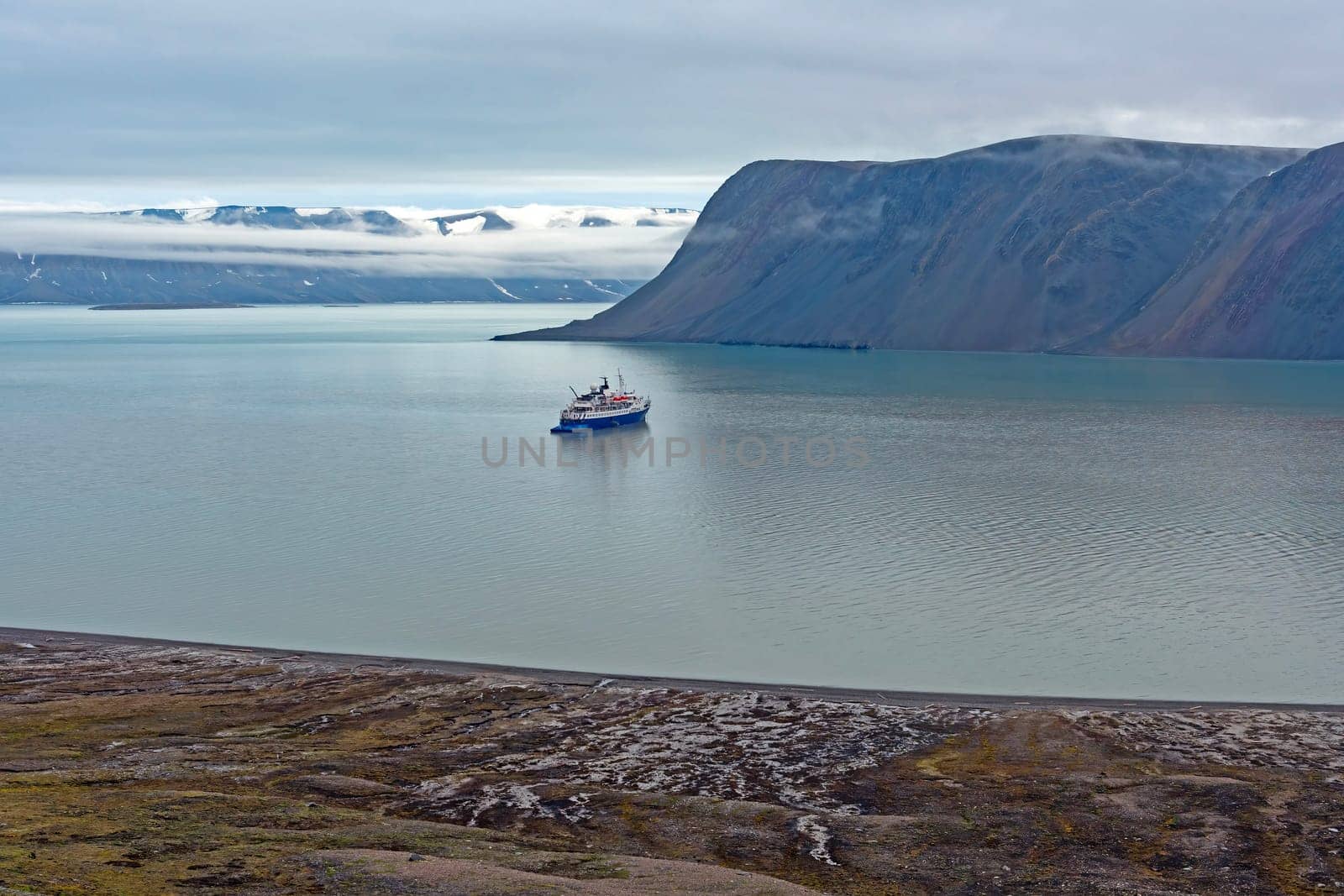 Exploration Vessel in a High Arctic Fjord at Lomfjorden in the Svalbard Islands