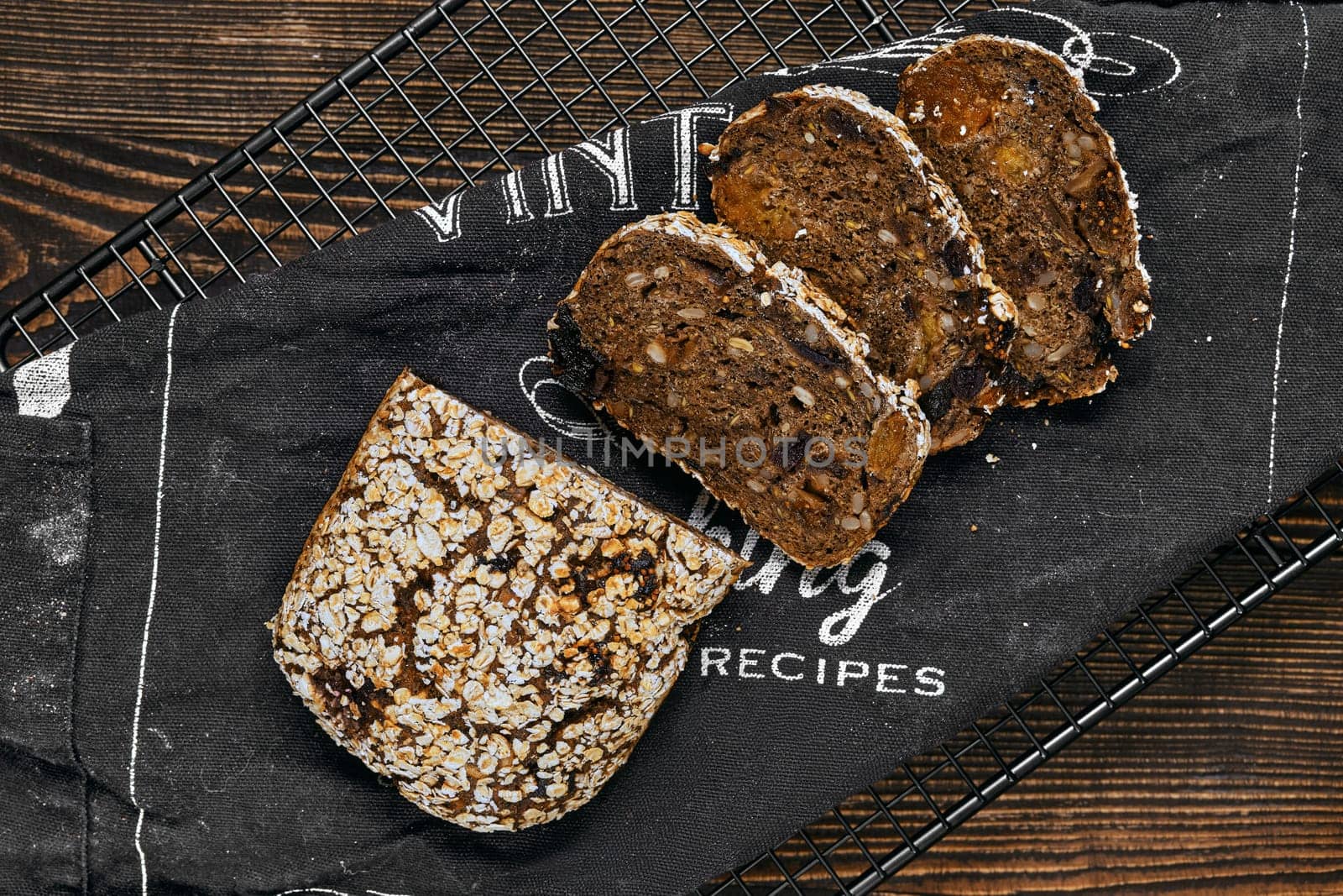 Overhead view of artisan rye bread with dried apricots, prunes and sunflower seeds