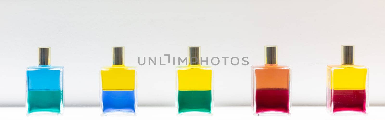 Parfume bottles collection. Series of glass containers, cosmetic product concept