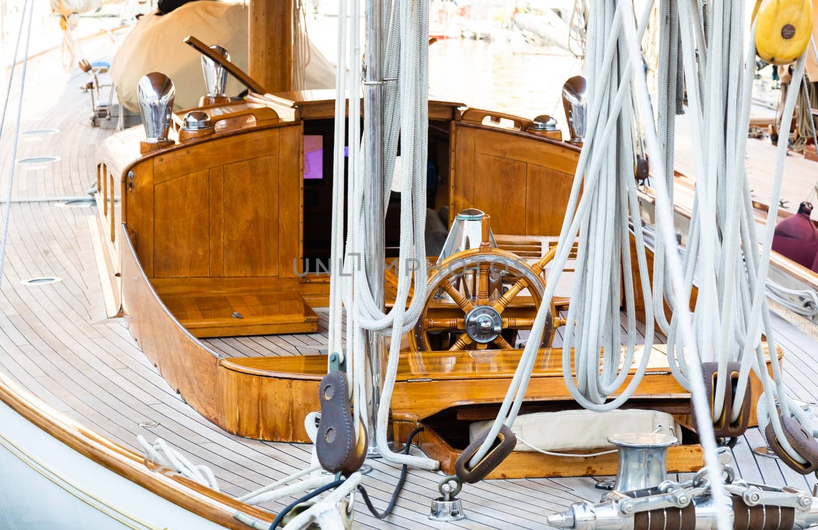 Luxury yacht. Comfortable expensive wooden design and furniture for holiday recreation tourism or travel and wealth concept