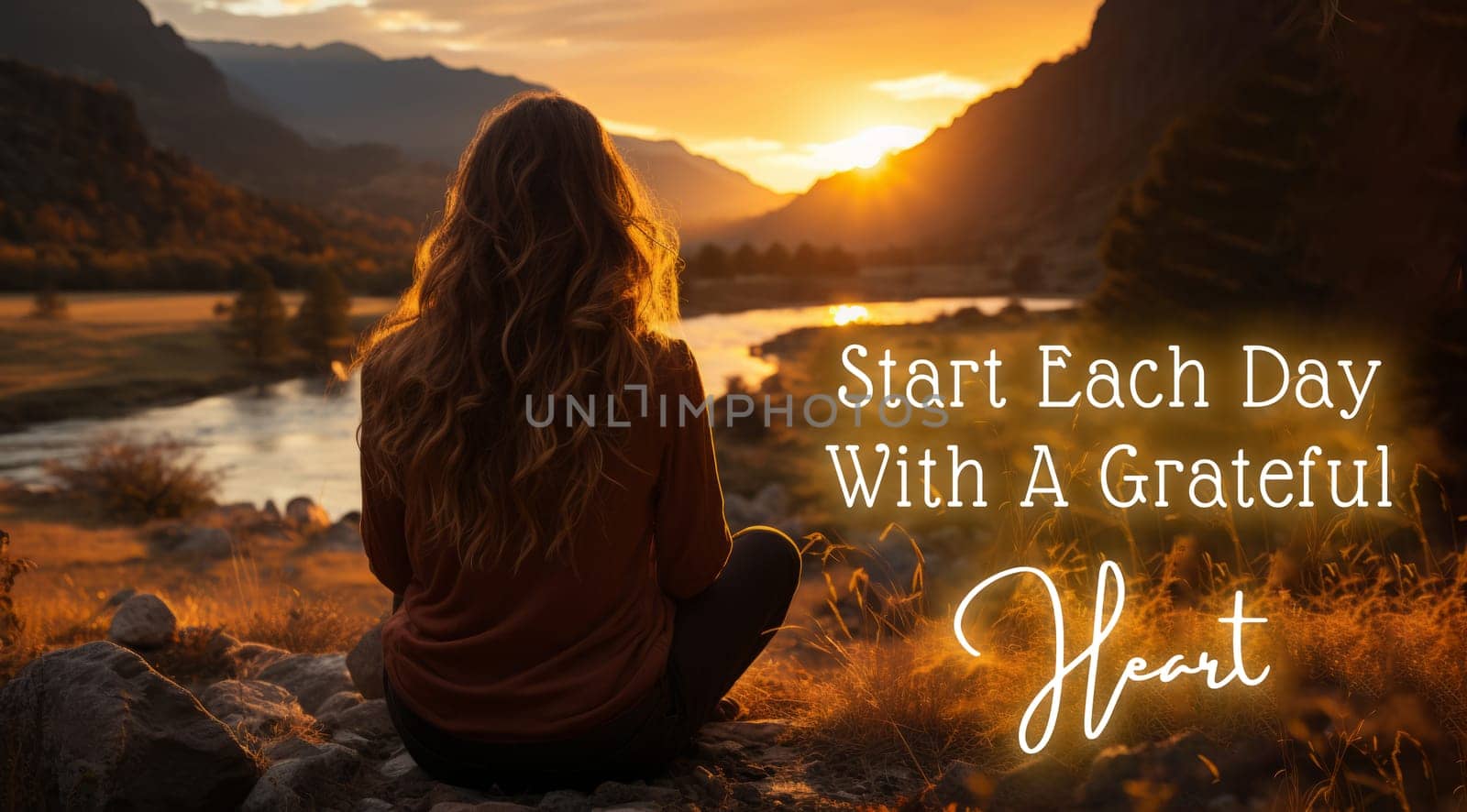Start each day with a grateful heart quote with beautiful nature view background.