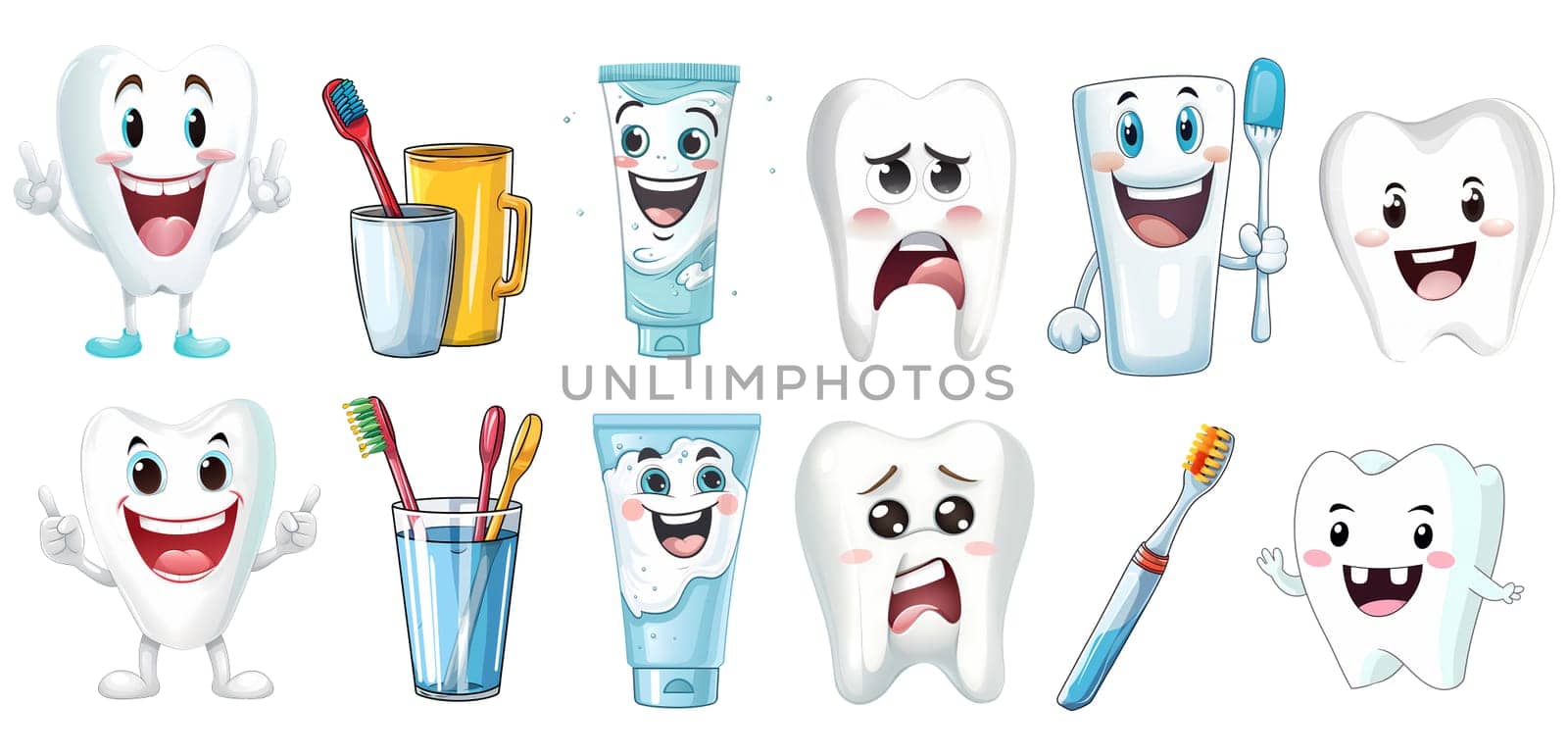 set of Dental Hygiene Sticker for Kids, transparent isolated Bac