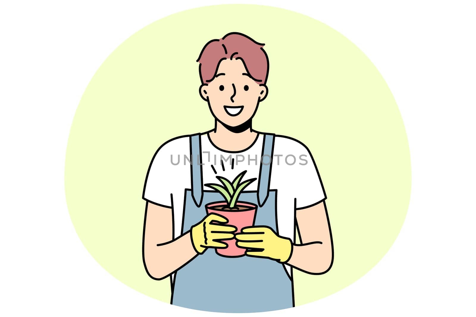 Smiling male in gloves and apron holding plant in pot. Happy gardener enjoy botanical floral hobby. Horticulture and gardening. Vector illustration.