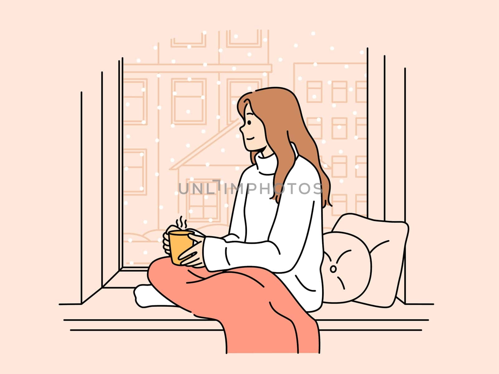 Woman sits on windowsill with blanket on knees and cup of hot tea in hands and looks out window at falling snow. Dreamy girl enjoying home comfort and coziness sitting on windowsill