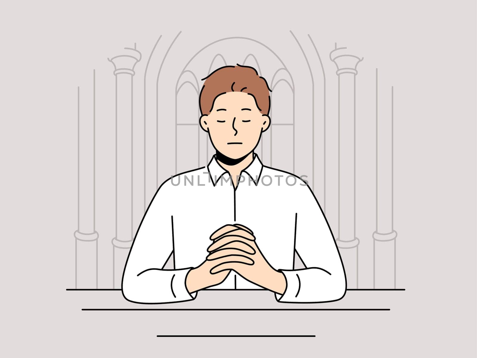 Man praying sitting on bench in temple seeking spiritual support in catholic and christian religion. Guy closes eyes and praying standing in orthodox cathedral and needs help of lord
