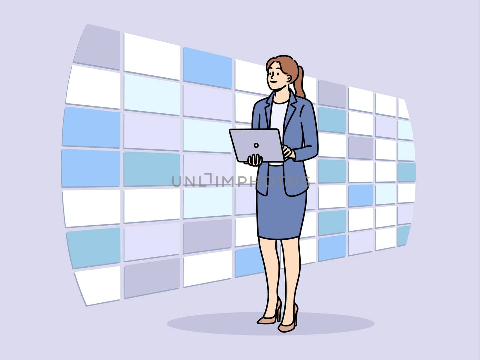 Woman working at telecommunications company stands in monitoring center with wall displays and holds laptop in hands. Concept innovation in field telecommunications and IT infrastructure maintenance