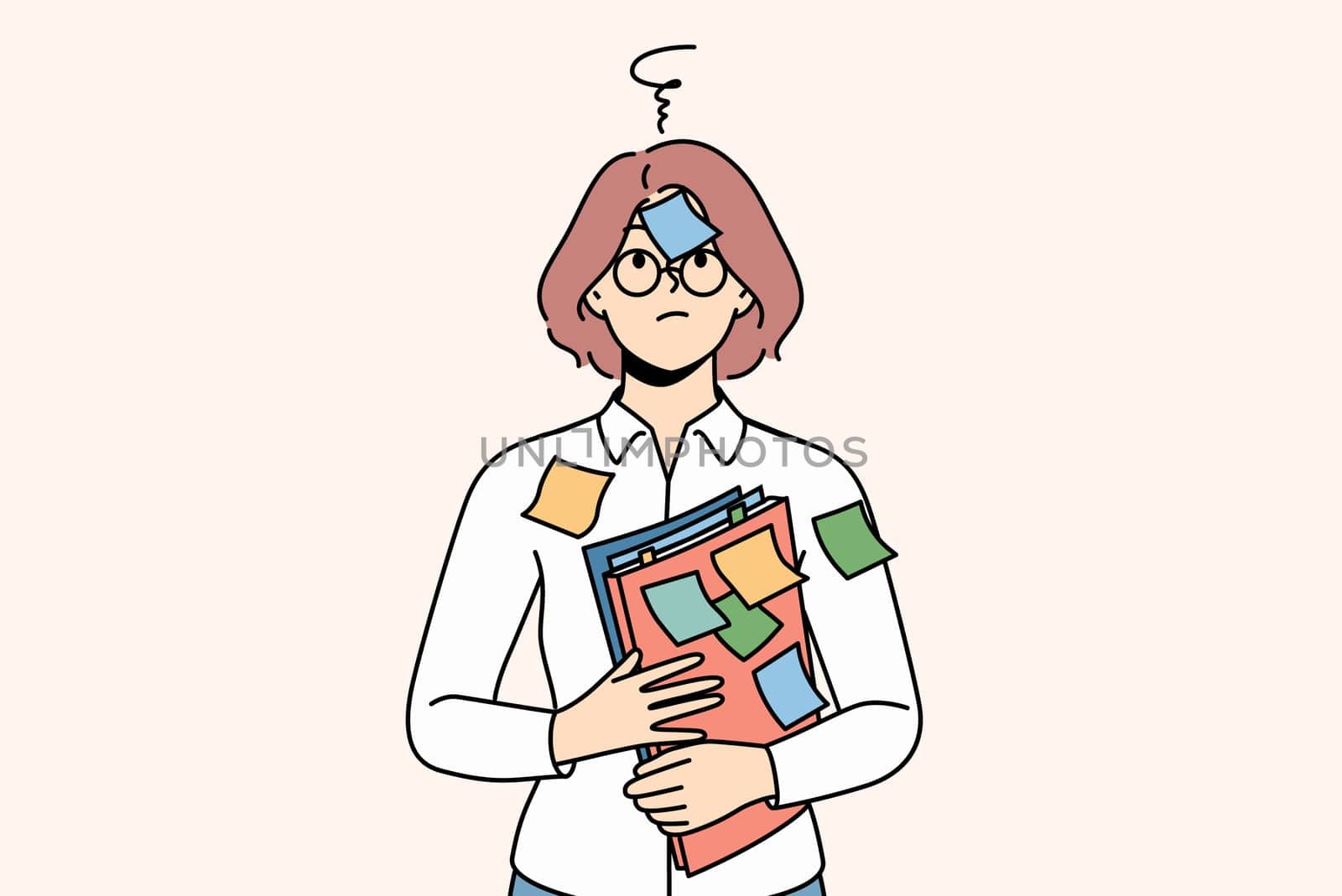 Confused woman student with stickers on face and shirt needs ability to do task management. Girl teacher holds folders with documents and suffers due to excessive pressure from university management