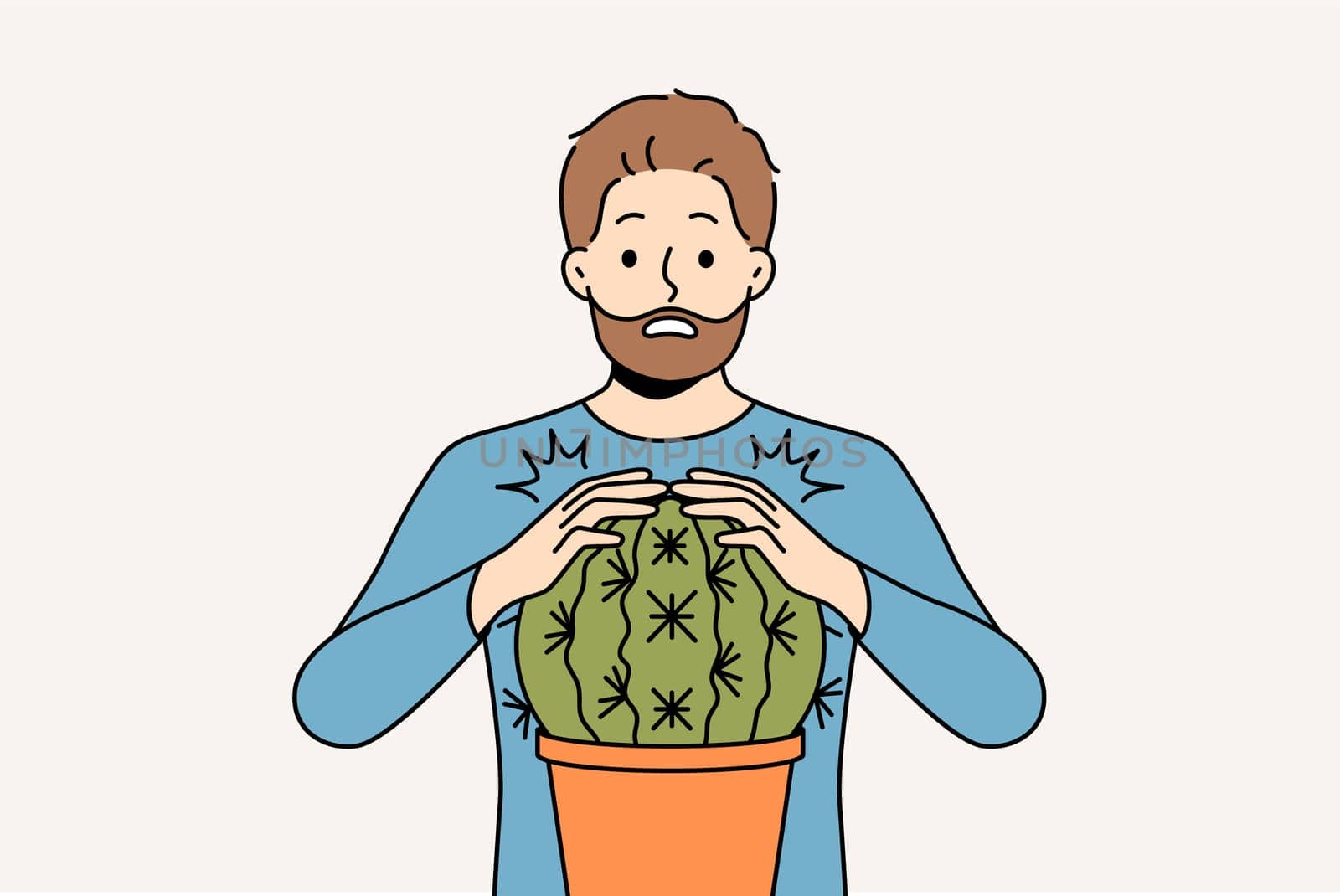 Man is scared and touches cactus and gets wound for concept of problems associated with unshaven hair and need for depilation. Funny stupid guy pricked himself touching cactus in pot