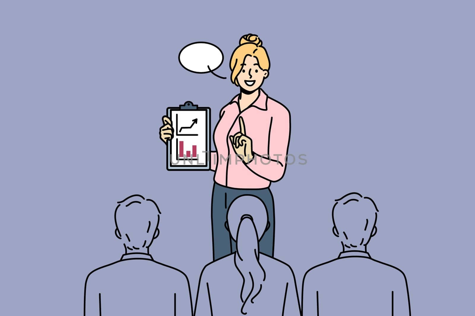 Successful business woman speaks at presentation showing clipboard with growing financial graphs. Business lady conducts training talking about importance of leadership qualities and ambitions