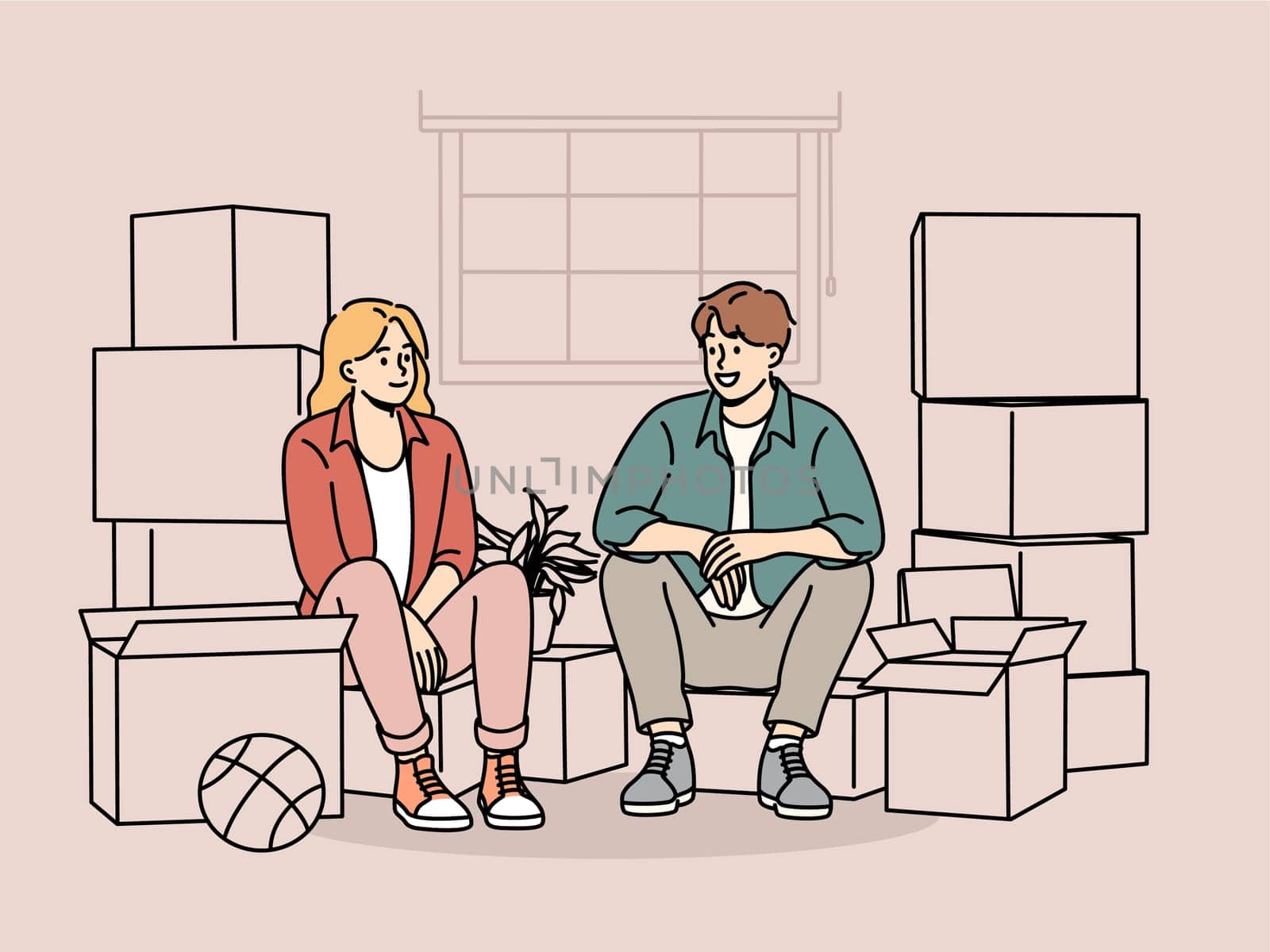 Couple sits among boxes of belongings after moving into new house and rejoices at improvement in living conditions thanks to mortgage. Man and woman took out mortgage loan to buy apartment