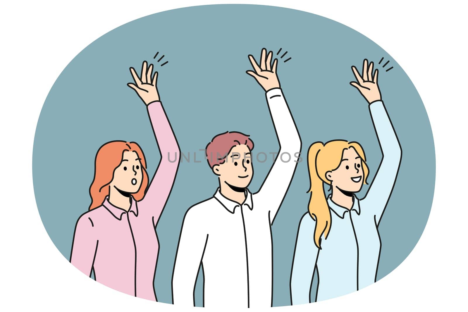 Happy businesspeople raise hands vote at workplace. Smiling employees engaged in teambuilding activity. Teamwork concept. Vector illustration.