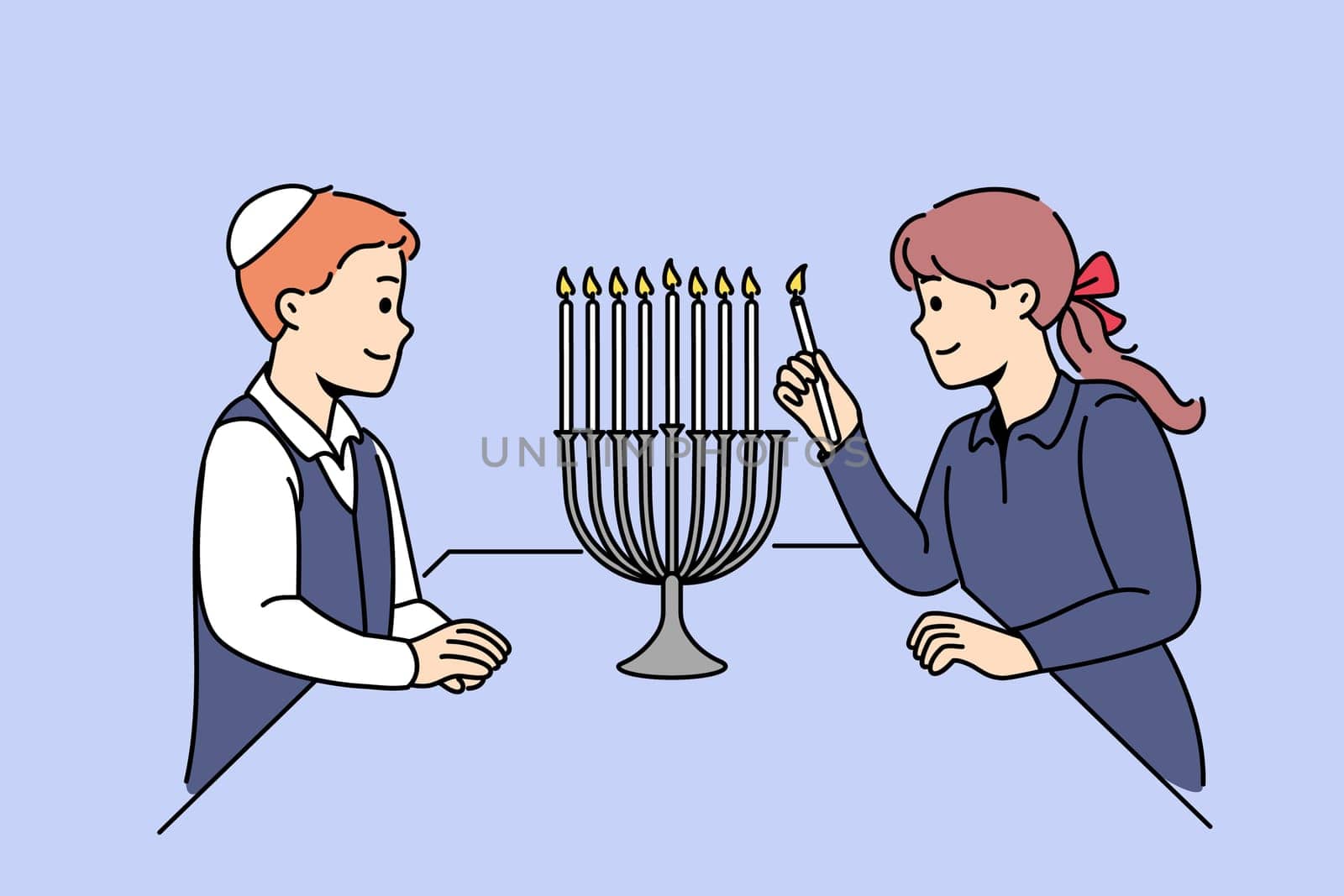 Jewish children stand near minora with burning candles, preparing for traditional holiday hanukkah. Boy in kippah and girl from israel celebrating onset hanukkah, showing commitment to traditions
