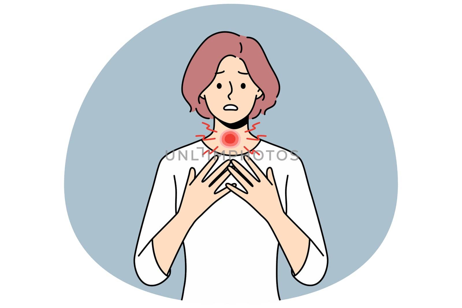 Unhealthy young woman suffer from thyroid problems. Unhappy sick female struggle with hyperthyroidism. Larynx body organ trouble. Healthcare. Vector illustration.
