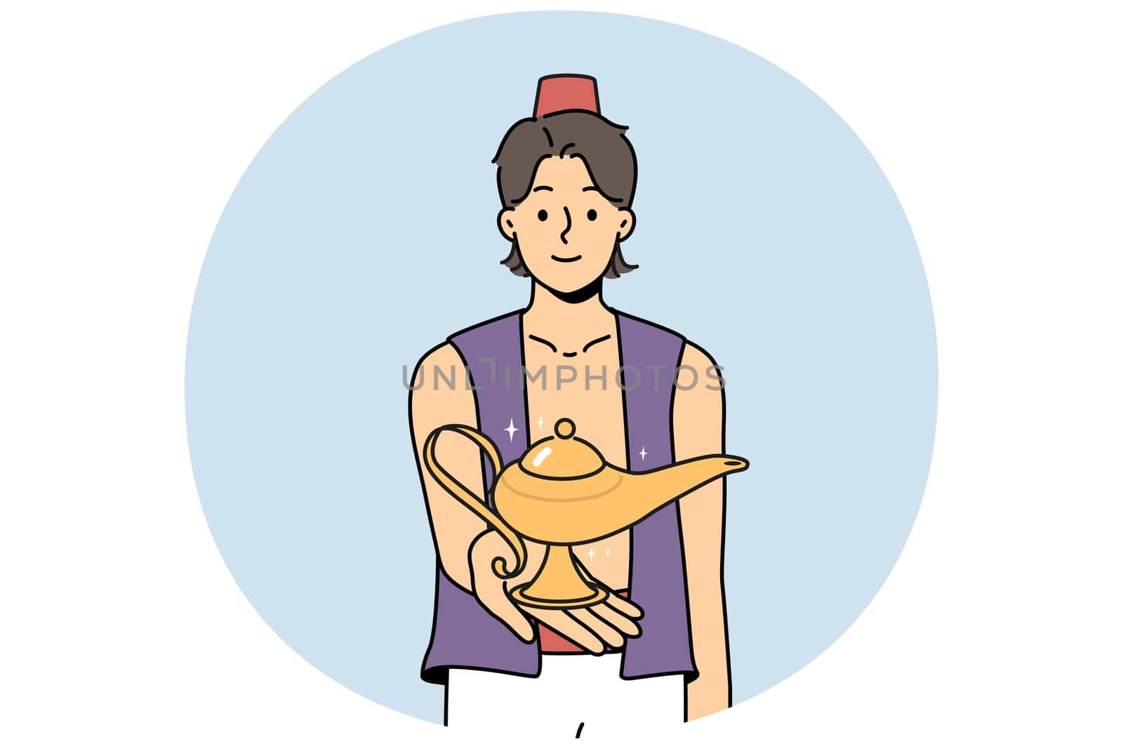 Smiling Aladdin holding wonderful lamp in hands. Happy male genie with golden lamp grant wishes. Fairytale and magic. Vector illustration.