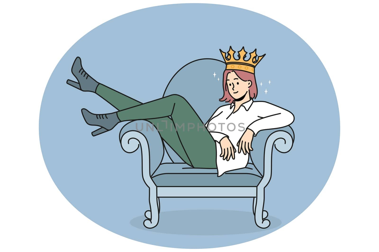 Confident woman in crown sitting on chair